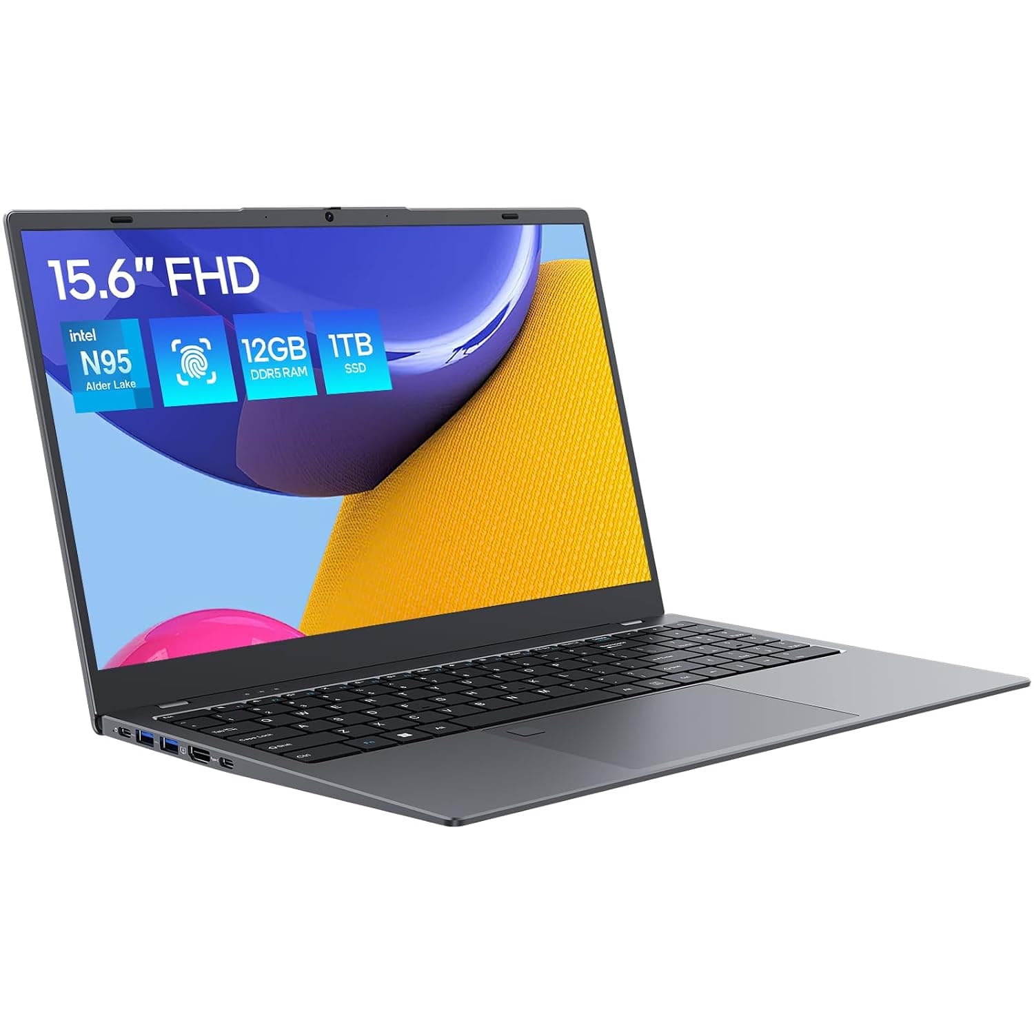 Laptop Computer, 12GB DDR5/1TB SSD, N95 Quad-Core, 15.6 inch 1920x1080 FHD Display, Dual Band WiFi, BT5.0, Fingerprint Unlock/Physical Camera Switch (Gray) | FHD IPS Display, Fingerprint Unlock, Full-Function Type-C, HDMI, USB 3.2, Physical Camera Shutter, Dual Band WiFi BT5.0