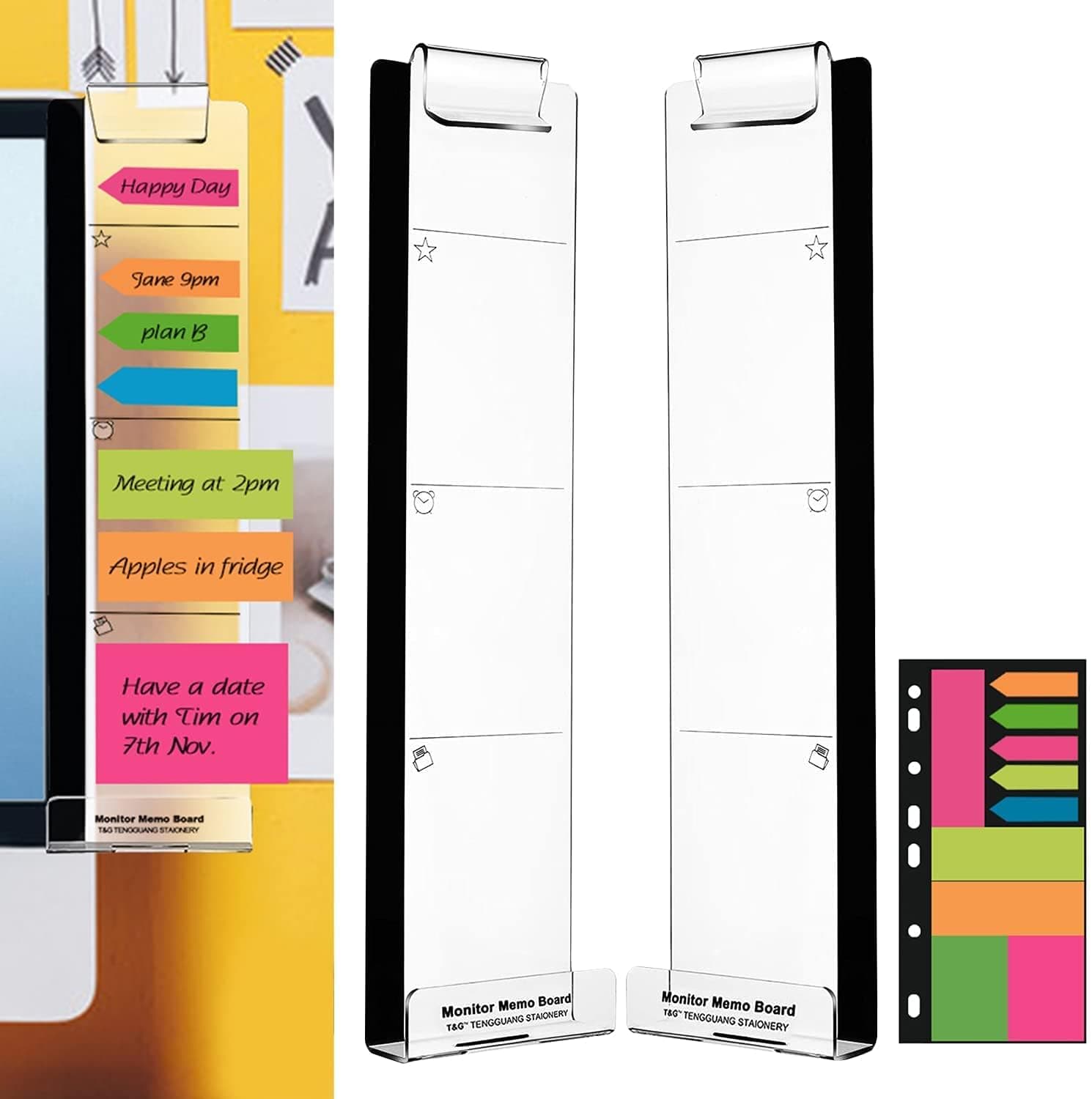Computer Monitor Memo Board, Multifunction Clear Monitor Memo Boards, Set of 2 (Left & Right) Acrylic Message Reminder Pad Side Panels Phone Holder, Utility Organizer for Office Desktop