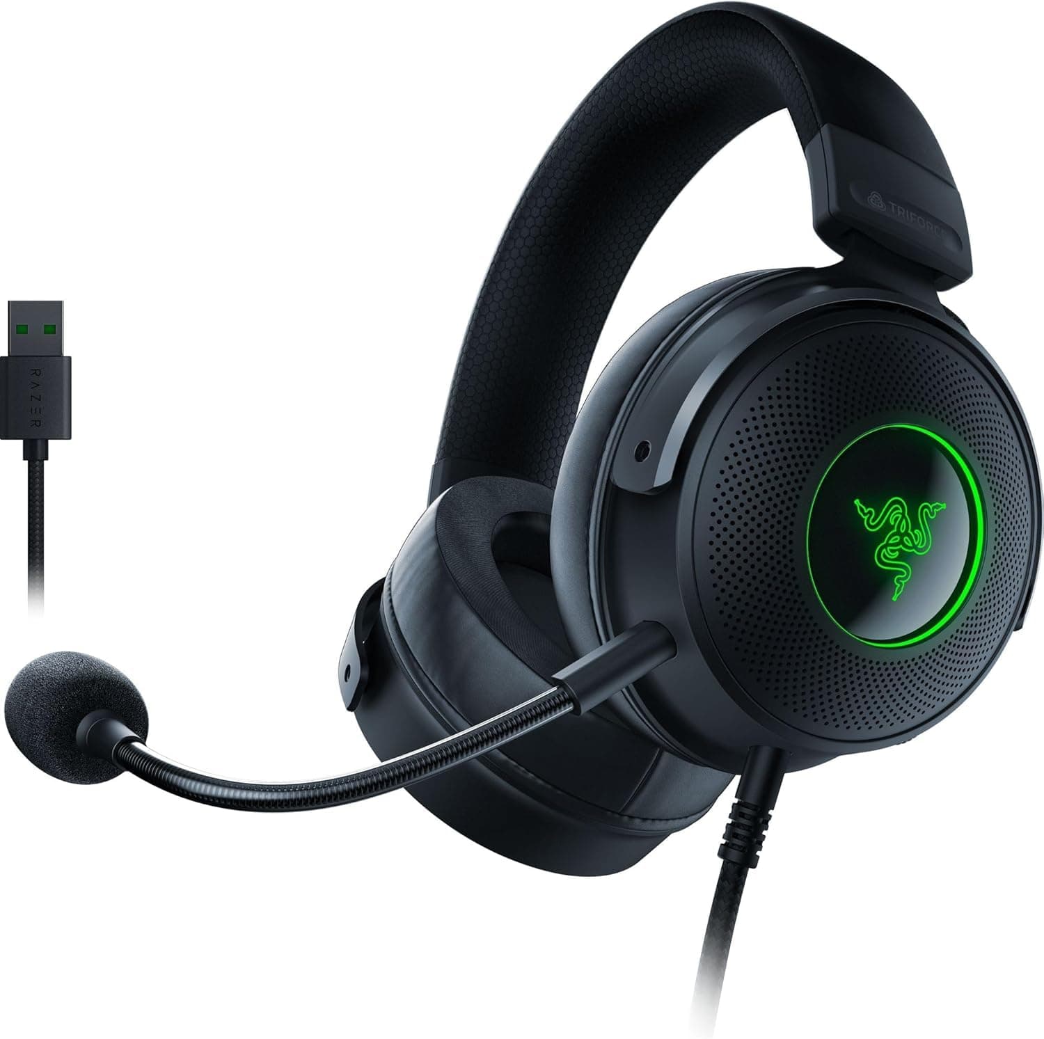 Razer Kraken V3 Wired USB Gaming Headset: Triforce Titanium 50mm Drivers, THX Spatial Audio, Chroma RGB Lighting, Hybrid Fabric, Detachable HyperClear Mic, for PC, PS4, PS5, Nintendo Switch - Black