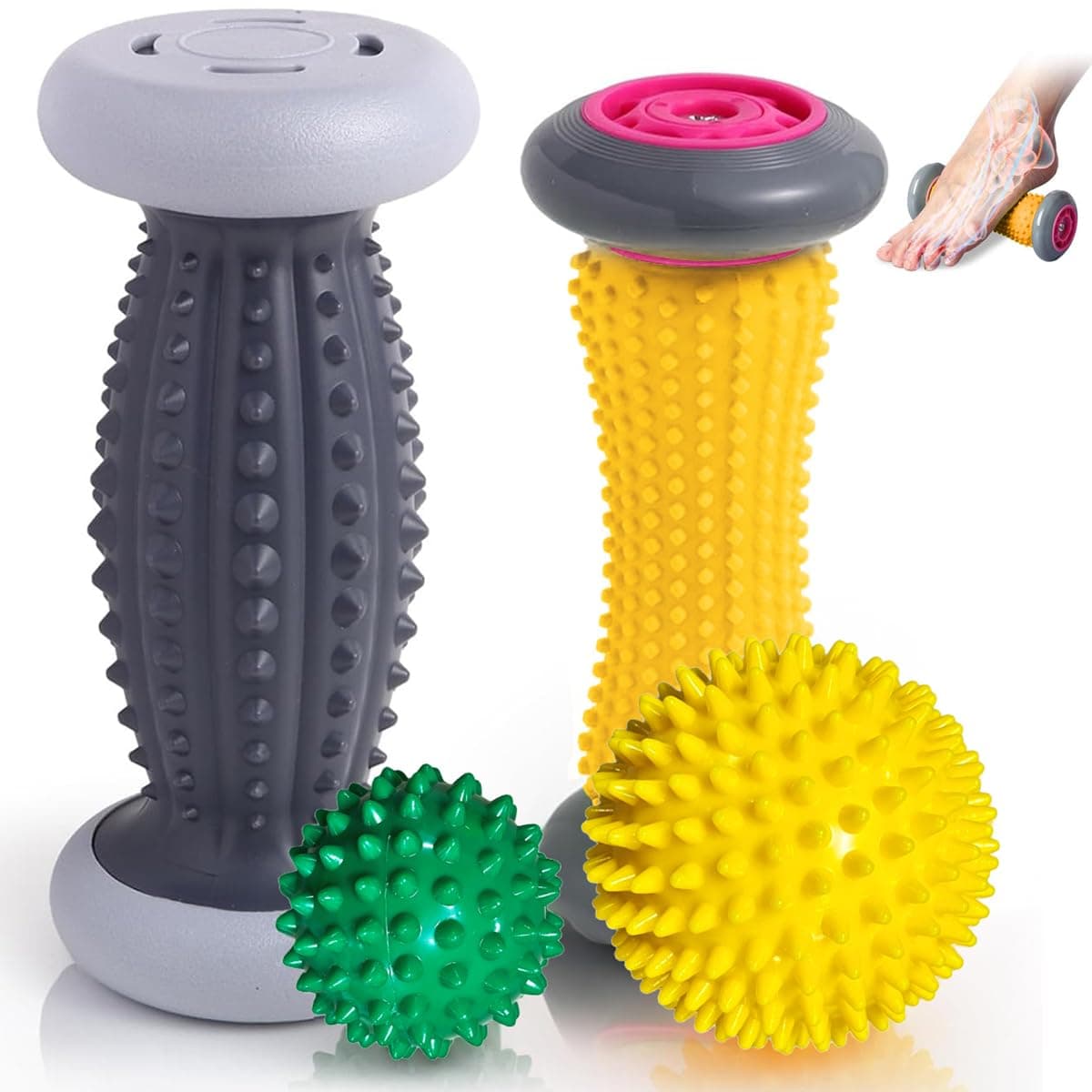 Foot Massage Roller 4Pcs, 2 Fitness Yoga Massage Sticks 2 Foot Massager Balls, Portable Rubber Plantar Fasciitis Relief Reflexology Deep Tissue Acupresssure Recovery Tool for Feet Arch Heel Hand Pains