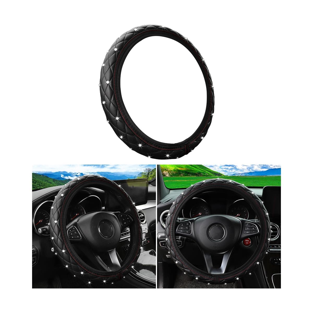 Bling Car Steering Wheel Cover, 14.5-15" Crystal Rhinestone Elastic Stretch Leather Non-Slip Steering Wheel Protector, Auto Interior Decoration Accessories, Universal for Vehicles (Black)