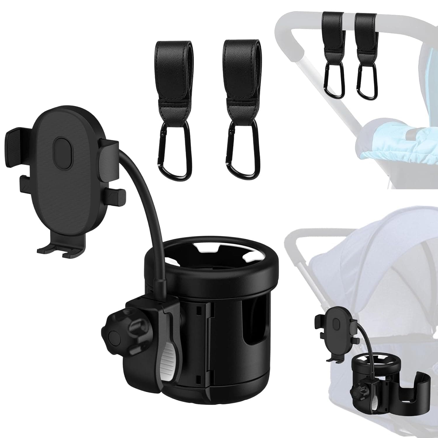 Universal Cup Holder for Stroller and Wheelchair 3-in-1 Bottle and Phone Mount with 2 Hooks Compatible with Pram Pushchair Buggy Bicycle and Scooter for Daily Commute and Travel Use