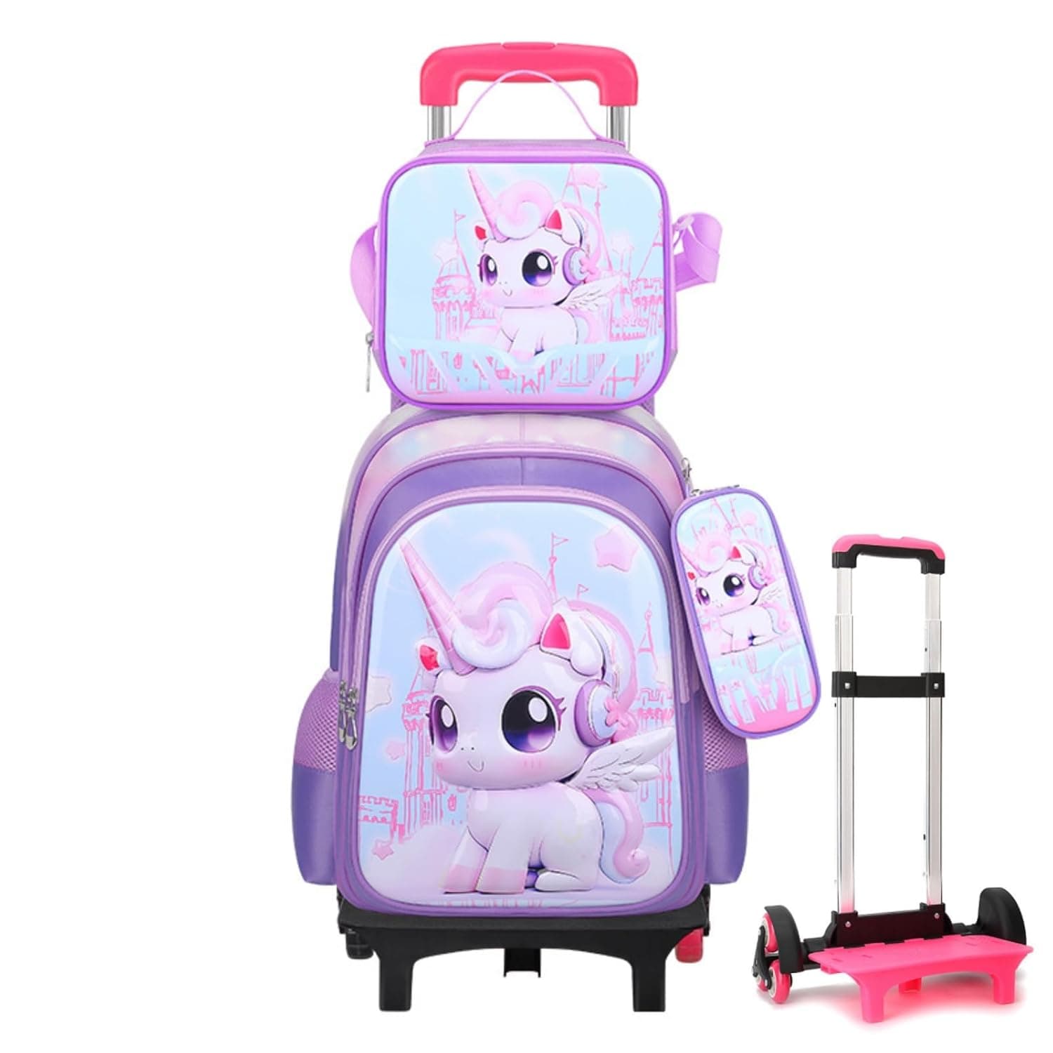 Kids' Backpacks,Kids Trolley Backpack Set,Teens Travel Bag,Stair Climbing Backpack,Including School Bag and Trolley (Cartoon-Purple/4pcs)