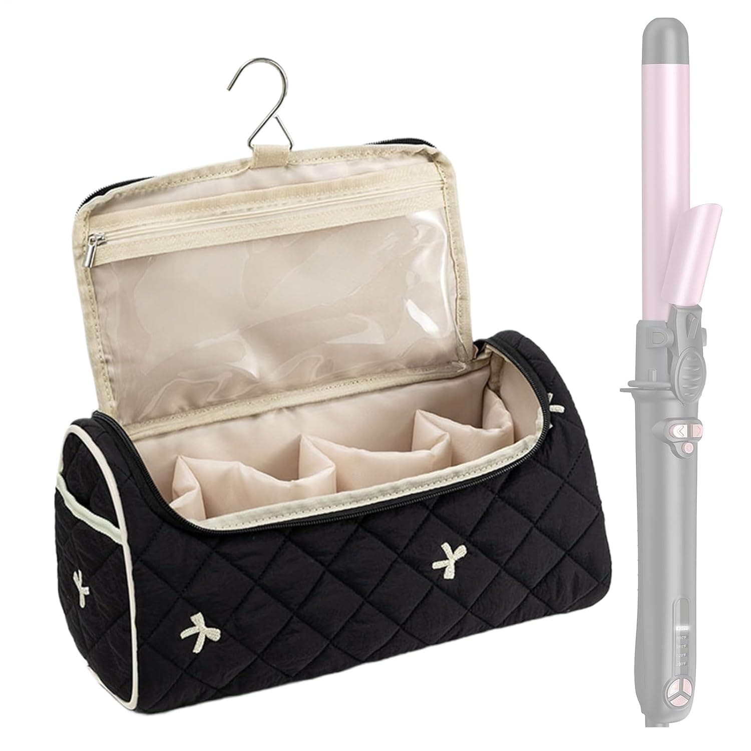 حقيبة تنظيم مجفف الشعر - حقيبة حامل فرش المكياج، حقيبة تخزين مكواة التجعيد - للعطلات والعطلات والحفلات الخارجية والتخييم والانشطة الخارجية، اسود، الرجوع الى الوصف، للجنسين