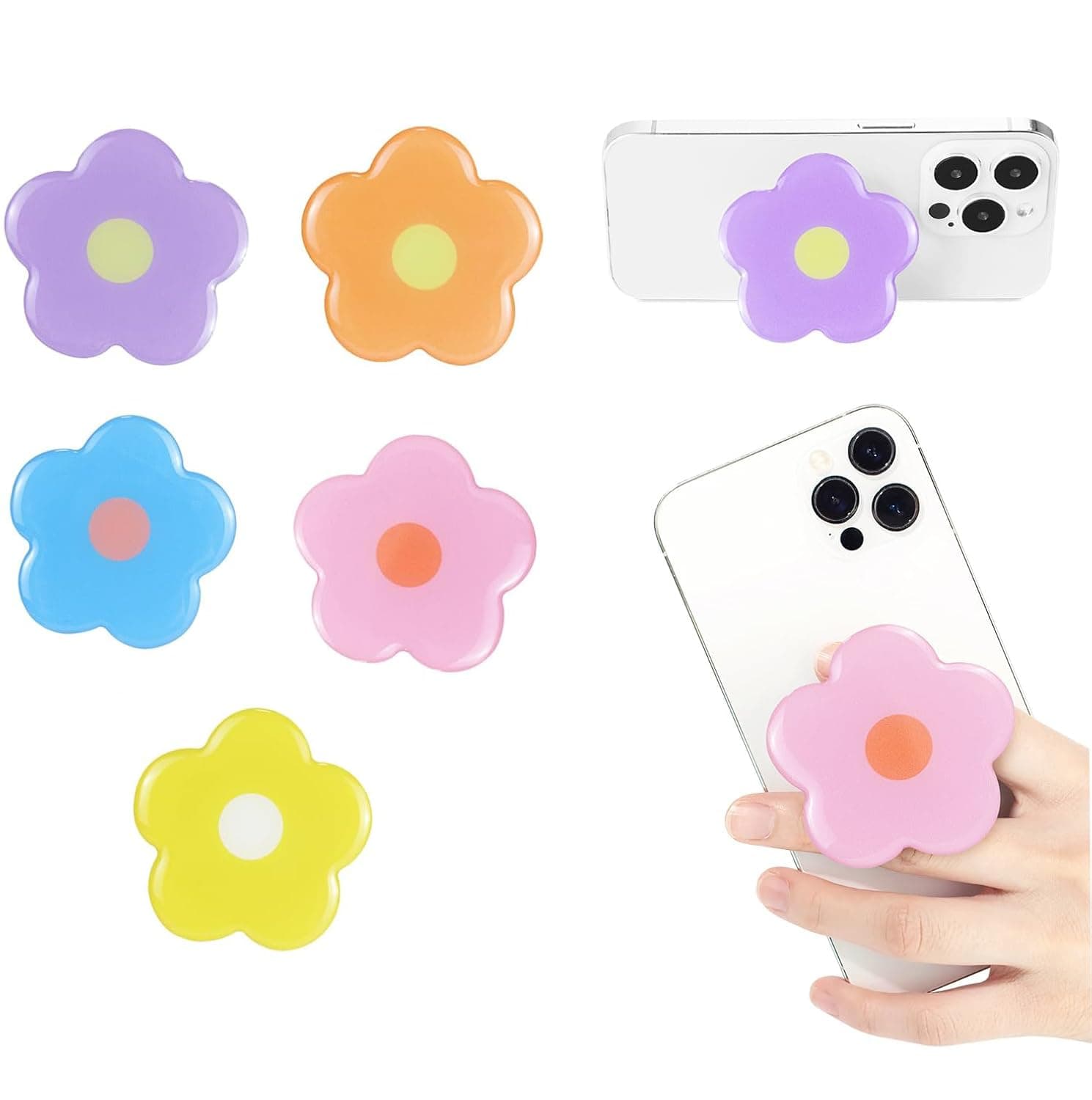 حامل موبايل سيليكون من الميكاكوز، حامل موبايل ثنائي الابعاد بتصميم زهرة لطيفة، ملحق قابل للطي والتوسيع للهواتف الذكية والتابلت - 5 قطع