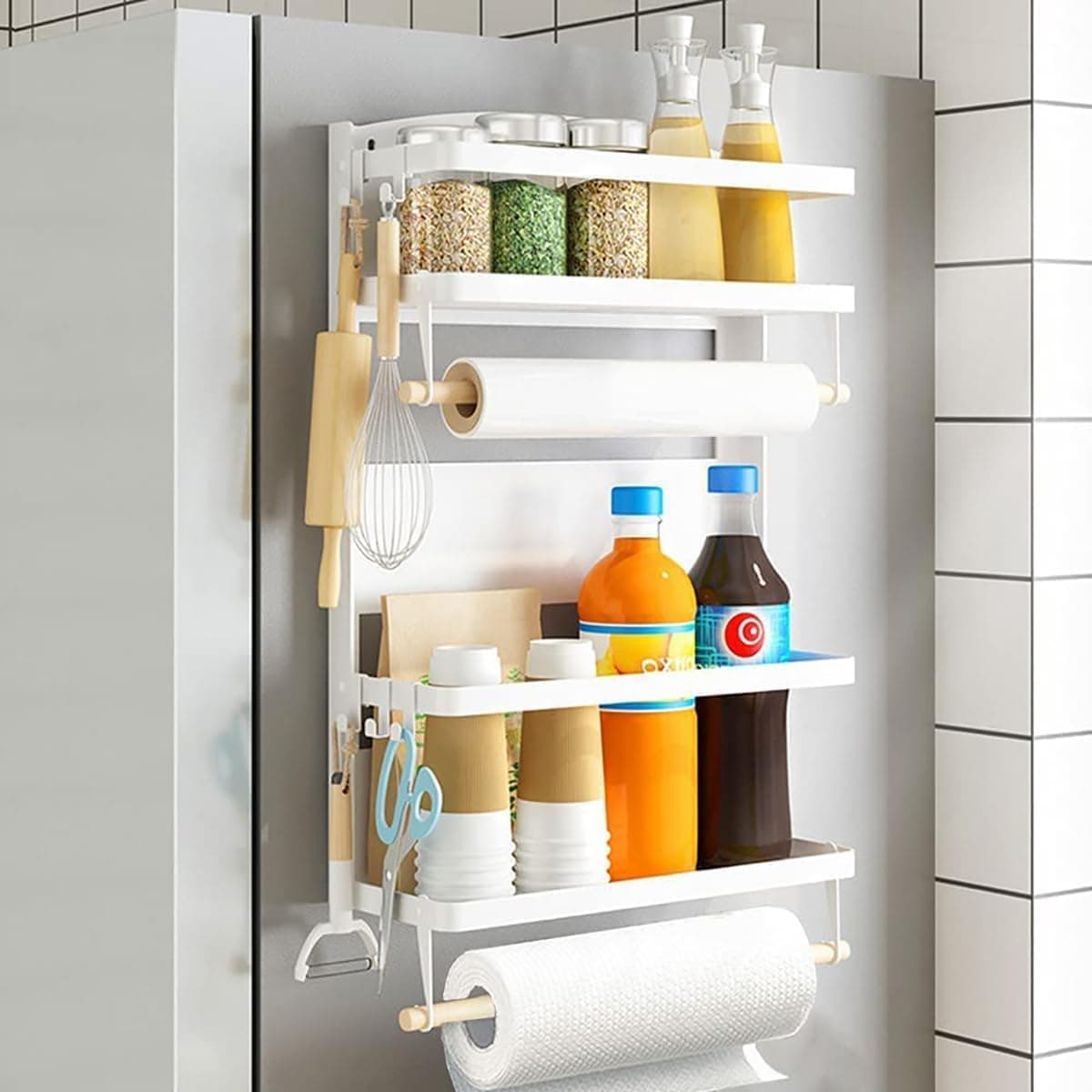 YelaJoy Magnetic Spice Rack & Paper Towel Holder Combo - 2-Tier Magnetic Shelf for Refrigerator with 2 Roll Holder, Space Saving Kitchen Organizer for Cabinet Door, Spice Jars & Towel (White)