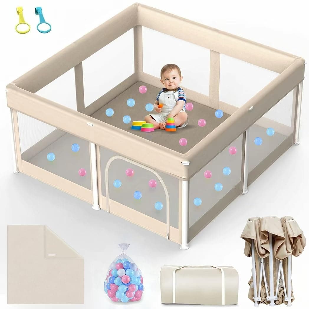 Foldable Baby Playpen with Mat, Foldable Playpen for Babies and Toddlers, Indoor & Outdoor Kids Safety PlayPen, Portable Play Yard with 50 Ocean Balls (Khaki, 125 * 125cm)