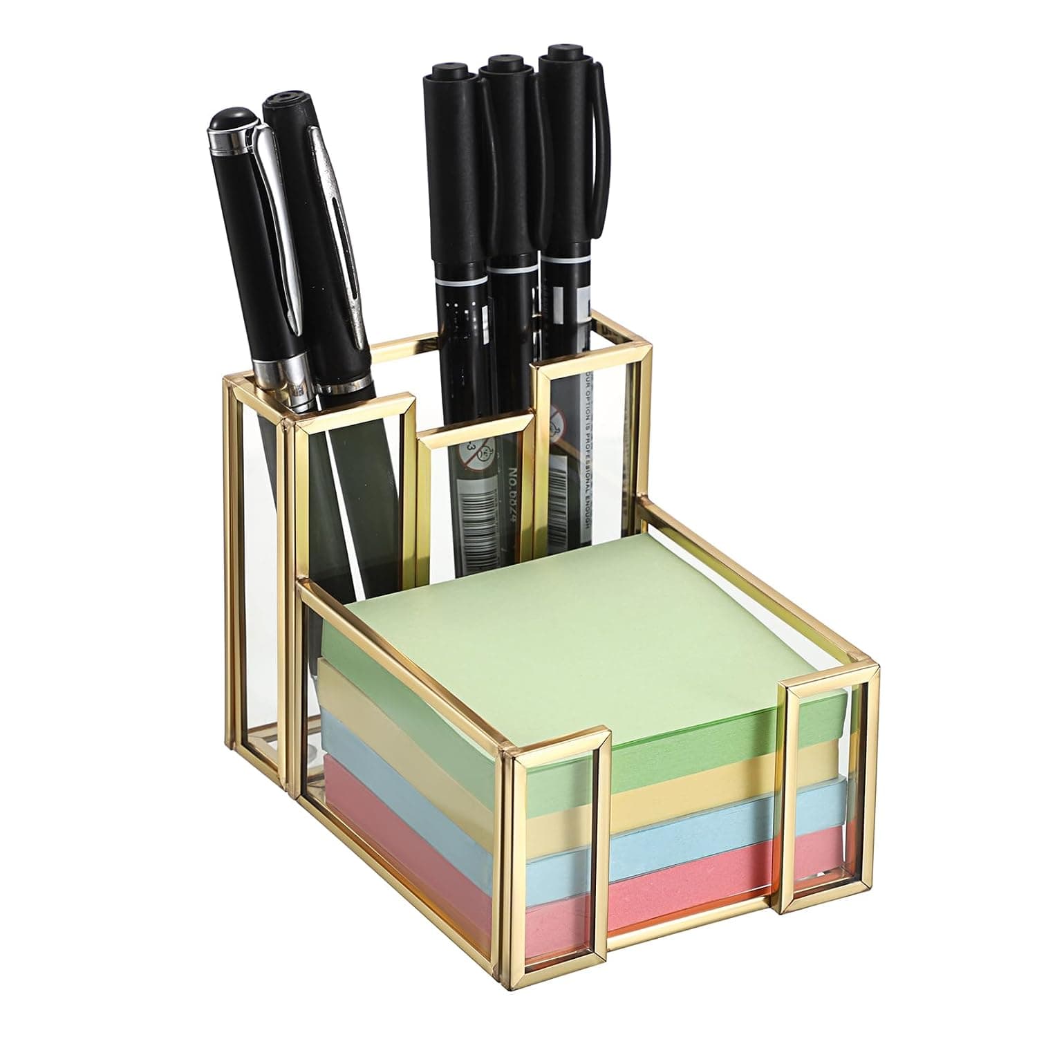 BTSKY Golden Glass 3x3 Inch Sticky Note Holder with Pen Slot | Elegant Post It Note Dispenser with Non-Slip Pads Clear Notepad Holder for Desk Organization Planning, Home Office Decor