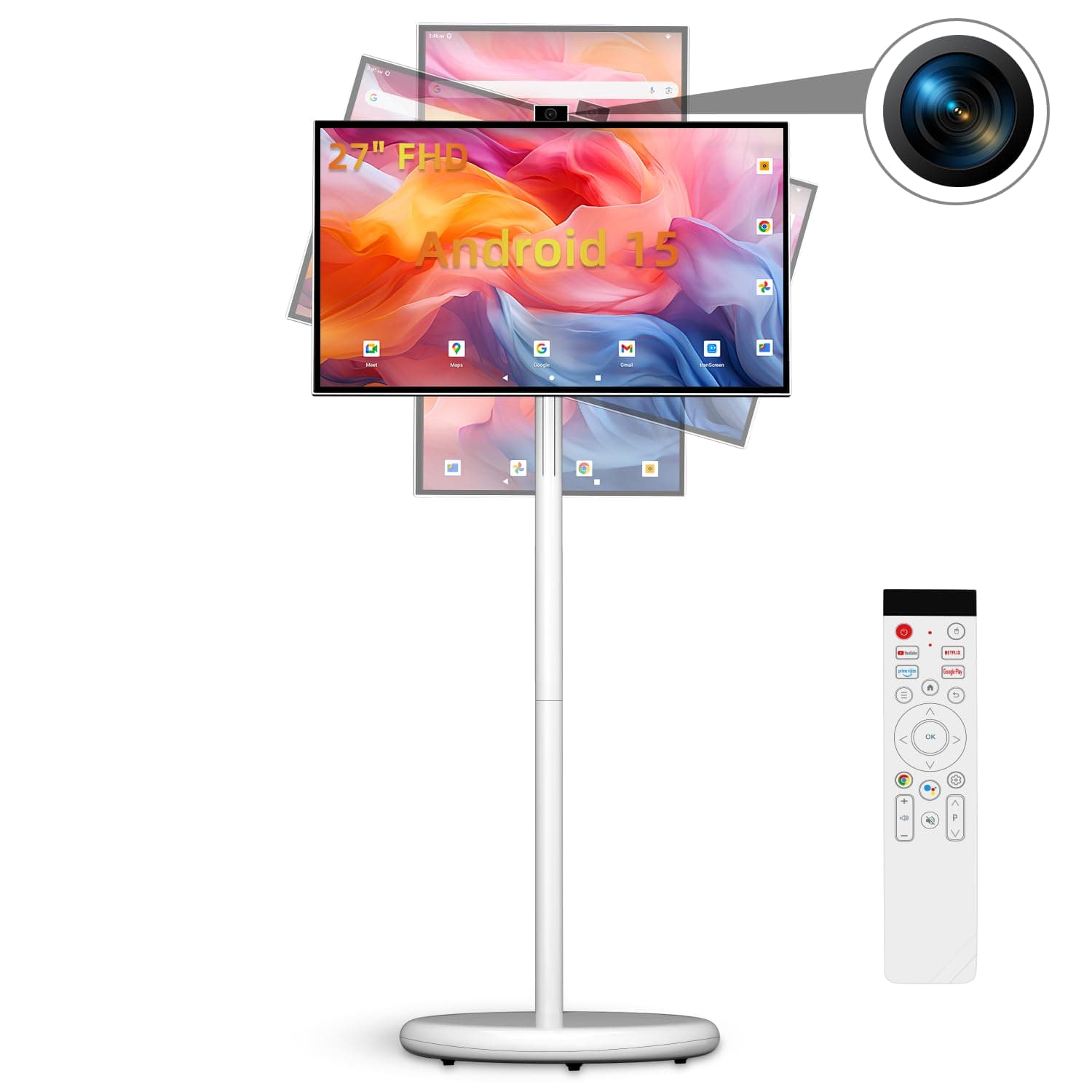 27" Portable Smart TV with Android 15, 1080P Movable Touch Screen Monitor, EDLA-Certified, 6GB +128GB, 27,000mAh Battery, Rotatable Screen & Adjustable Height, Wireless Casting, Voice Remote Control