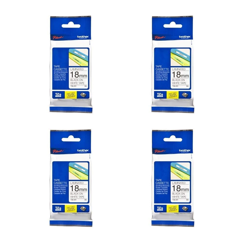 Brother Genuine P-touch 4-Pack TZe-241 Laminated Tape, Black Print on White Standard Adhesive Laminated Tape for P-touch Label Makers, Each Roll is 0.7"/18mm (~ 3/4") Wide, 26.2 ft. (8M) Long