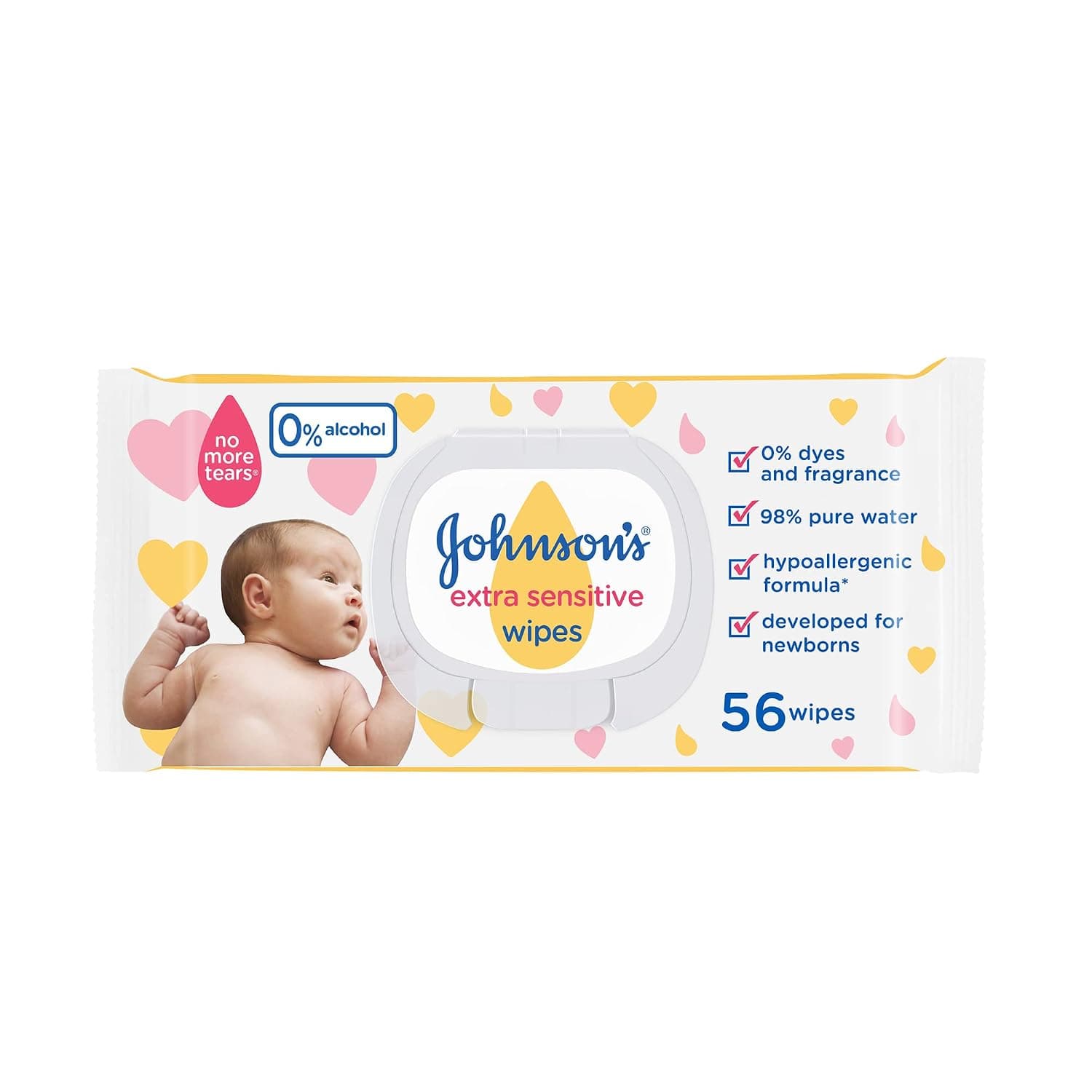 Johnson's Baby Wipes Extra Sensitive Pack of 56 – 98% Pure Water, Gentle on Skin, Alcohol & Fragrance Free, Ideal for Newborns’ Daily Care