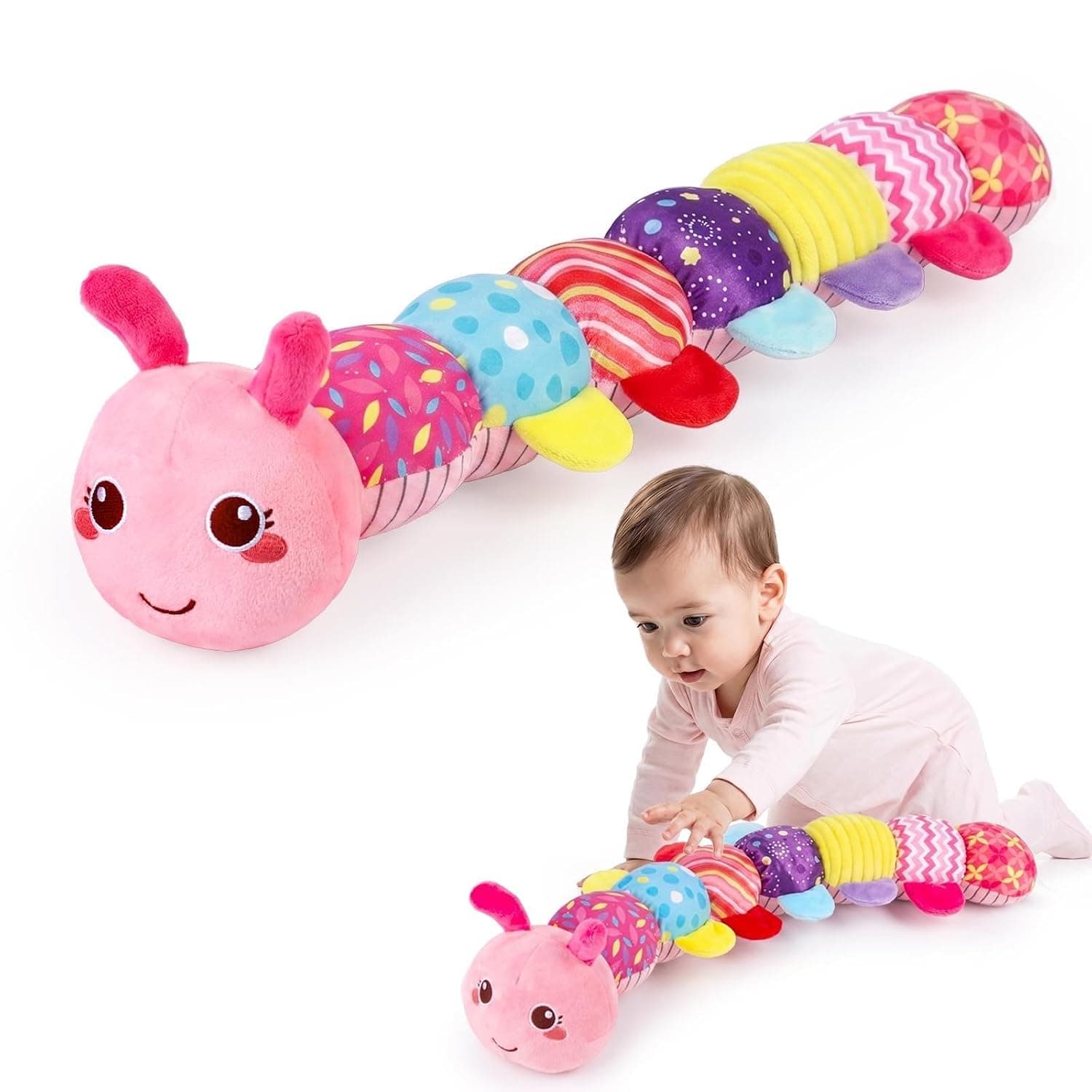 Baby Tummy Time Toy 0-6 Month Musical Stuffed Animal Plush Caterpillar Toy for Infant 6-12 Month Teething Sensory Toy with Crinkle Rattle for Babies 0-3-6 Month Newborn Toys for Boy Girl Birthday 1