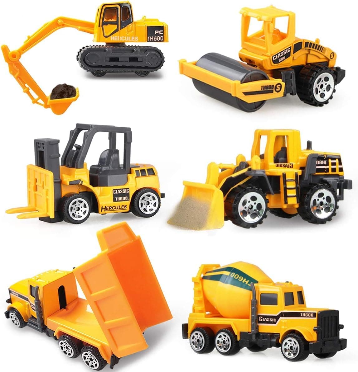 Mumoobear 6 Pcs Die Cast Construction Vehicle Toys - Mini Engineering Alloy Model Set - Yellow