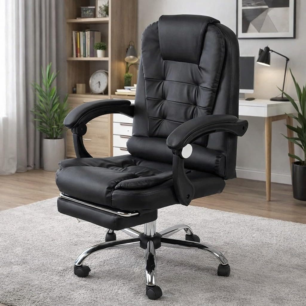 Executive Office Chair Black Leather High Back 50x48cm Height Adjustable 105-115cm with Retractable Footrest, Heavy Chrome Base with Swivel Wheels, Ergonomic Long Work Chair Load 145kg
