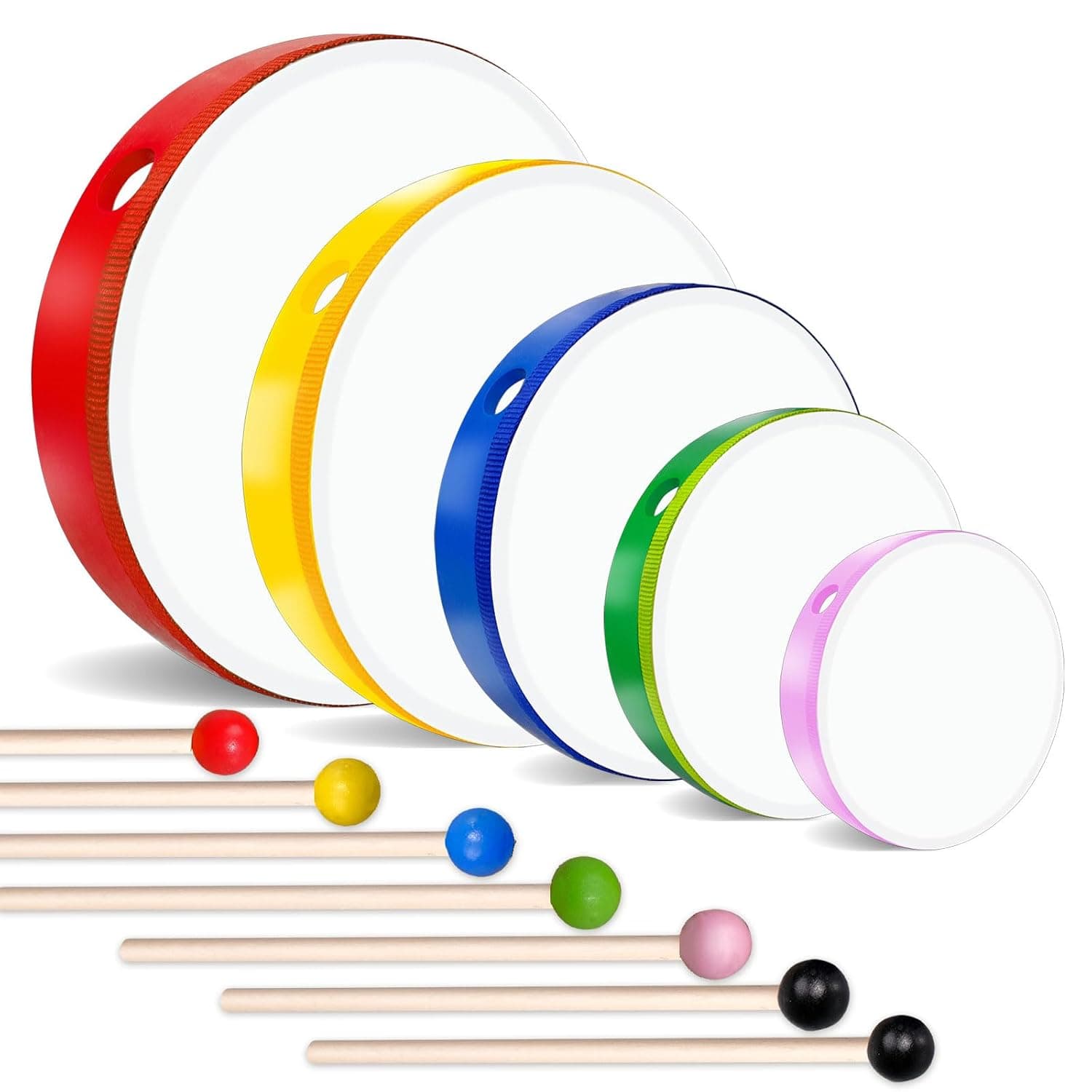 5 Pcs Kids Hand Drum Adults Wood Frame Drum Set with Drum Stick 12 Inch 10 Inch 8 Inch 6 Inch Percussion Musical Instruments for School Kids Adults Beginners Home Party Supplies (Multicolor)
