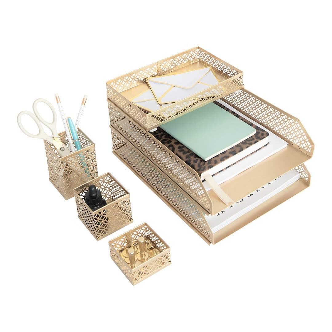 Blu Monaco Office Supplies Gold Desk Accessories for Women-6 Piece Interlocking Stylish Desk Organizer Set- Pen Cup, 3 Accessory Trays, 2 Letter Trays-Gold Office Paper Tray Holder