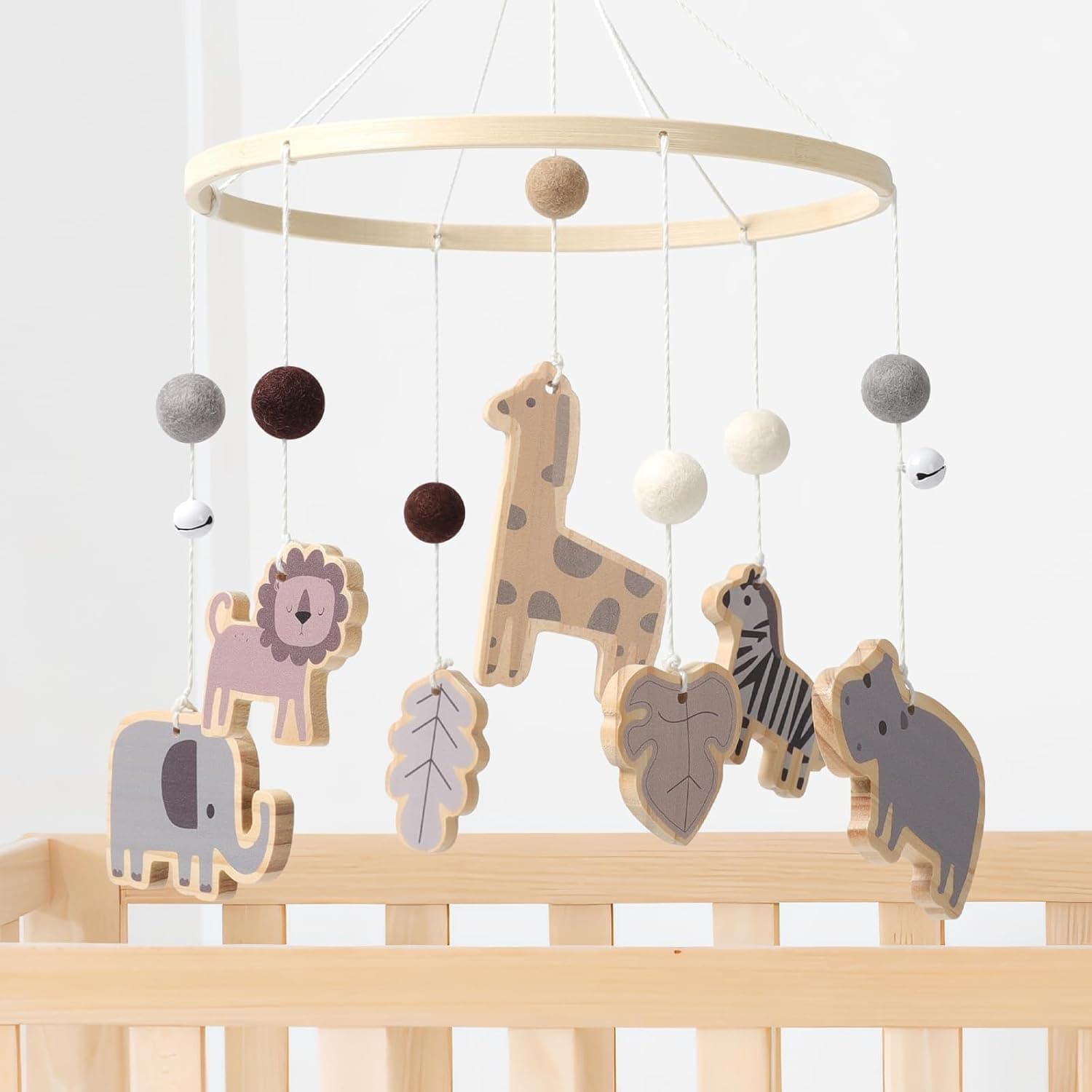 سرير اطفال متحرك، خشبي متحرك محايد للجنسين للاولاد والبنات، موبايل للاطفال في الحضانة، موبايل كروشيه يدويا، هدايا متحركة للسقف لحديثي الولادة - موضوع الحيوانات البرية