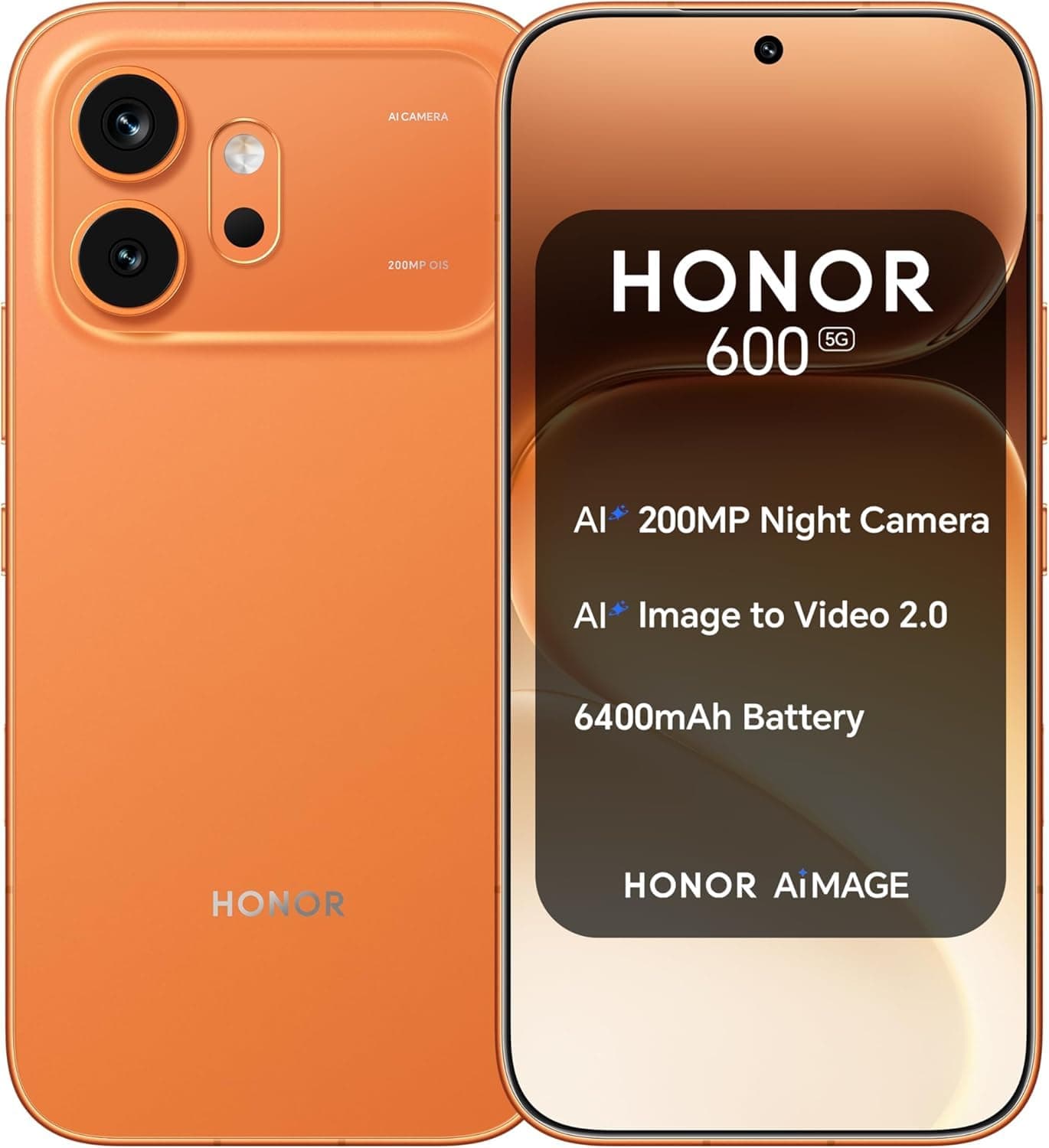 HONOR 600 5G, 12GB RAM + 256GB Storage, 200MP AI Camera, 7000mAh Silicon-Carbon Battery, 80W HONOR SuperCharge, 6.57" AMOLED 120Hz Display, Orange