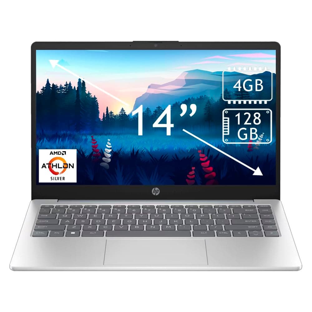 HP 14'' HD(1366 x 768) Laptop, AMD Athlon 7120, 4GB RAM, 128GB SSD, Long Battery Life, Moonlight Blue, 12-Month Microsoft 365 Included, Copilot AI, Windows 11 Home in S Mode