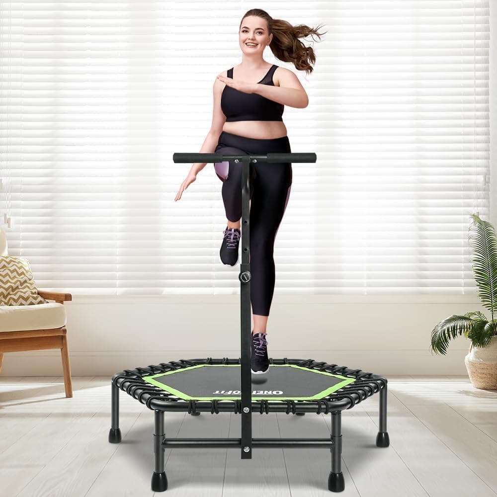 ONETWOFIT 42'/45' Rebounder Trampoline for Adults, Silent Mini Trampoline with 5 Level Adjustable Hand Bar Indoor Exercise Fitness Trampoline Bungee Rebounder