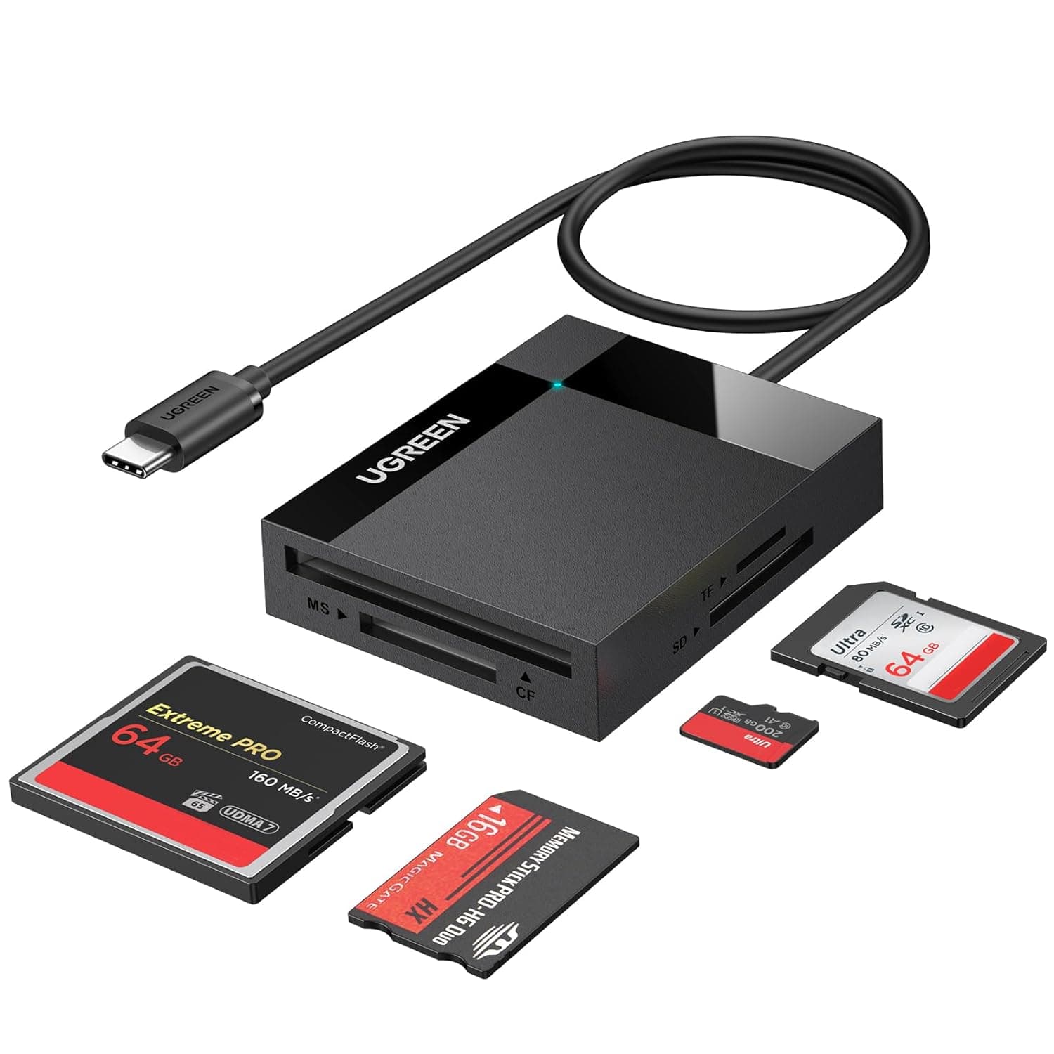 قارئ بطاقة SD USB نوع C 4 في 1 من يوجرين، محول بطاقة ذاكرة خارجية مايكرو SD MS CF، قارئ بطاقة فلاش كاميرا مدمج لـMac والكمبيوتر واللابتوب