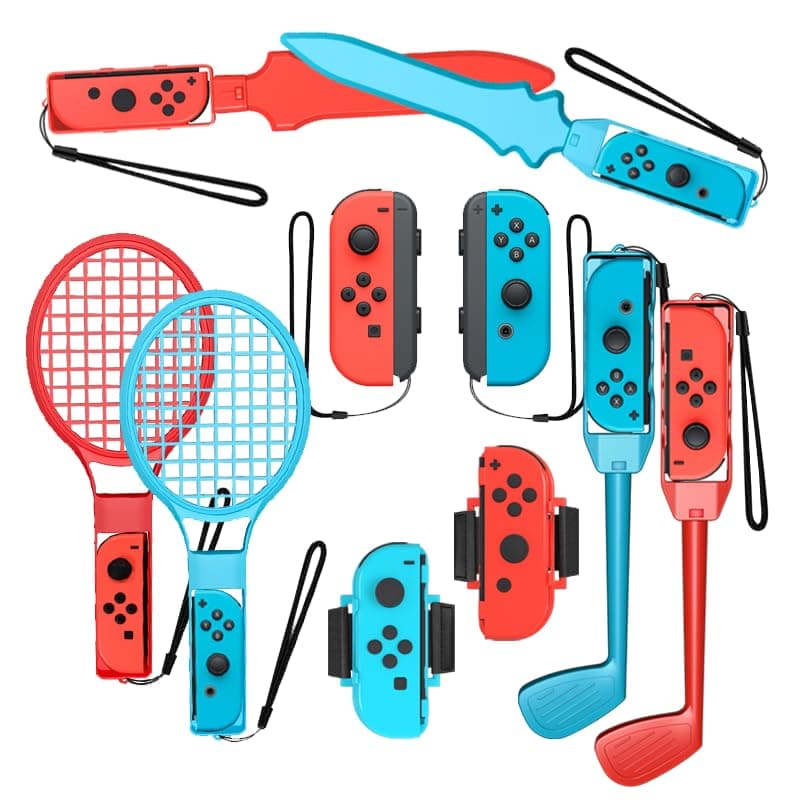 Tideal - 10 in 1 Sport Accessories Bundle for Nintendo Switch Joy-Con - Family Accessories Kit for Mario Sports Games - Includes Tennis Racket, Golf Clubs, Soccer Leg Straps, Swords and Wrist Bands