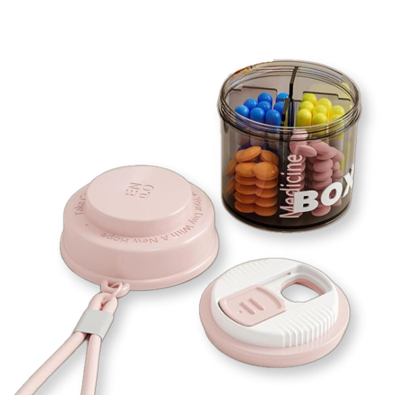 Pill Box, Portable Daily Pill Box Organizer - Waterproof Pill Container with Anti-Mixing & Wide Openings Design, Rotating dumping Compact Travel Medicine Holder for Vitamins, Supplements (Pink)