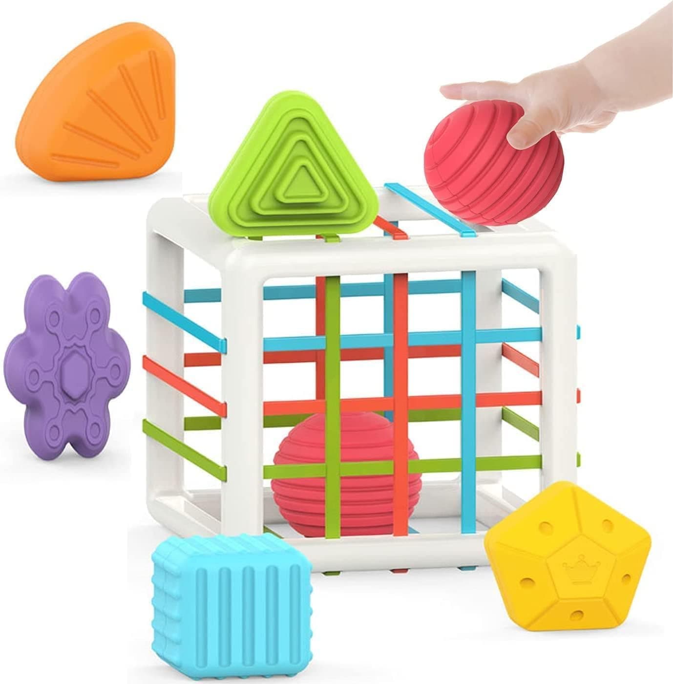 Baybee Baby Shape Sorter Cube Toy with Elastic Bands, 6 Multi Sensory Textured Blocks, Montessori Learning Stacking Sorting Toy for Toddlers 1+ Years Boys Girls (Multicolor)