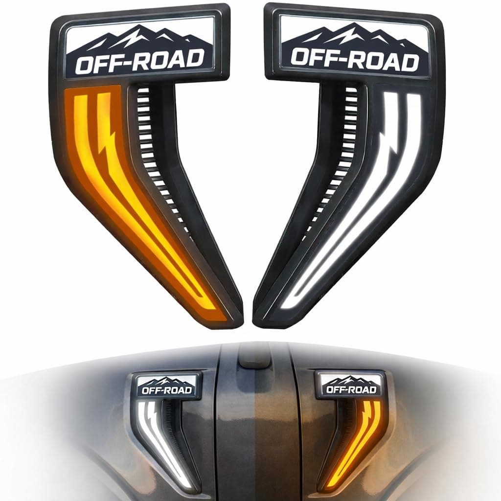 حشوات تهوية رفرف LED لسيارة فورد F-150 2021-2025 - شارات رفرف جانبية ماونتن اوف رود، اغطية فتحة الرفرف الامامي، ملحقات خارجية للشاحنة لشاحنة XL XLT لاريات بلاتينيوم ليميتد كينج رانش تريمور (زوج)