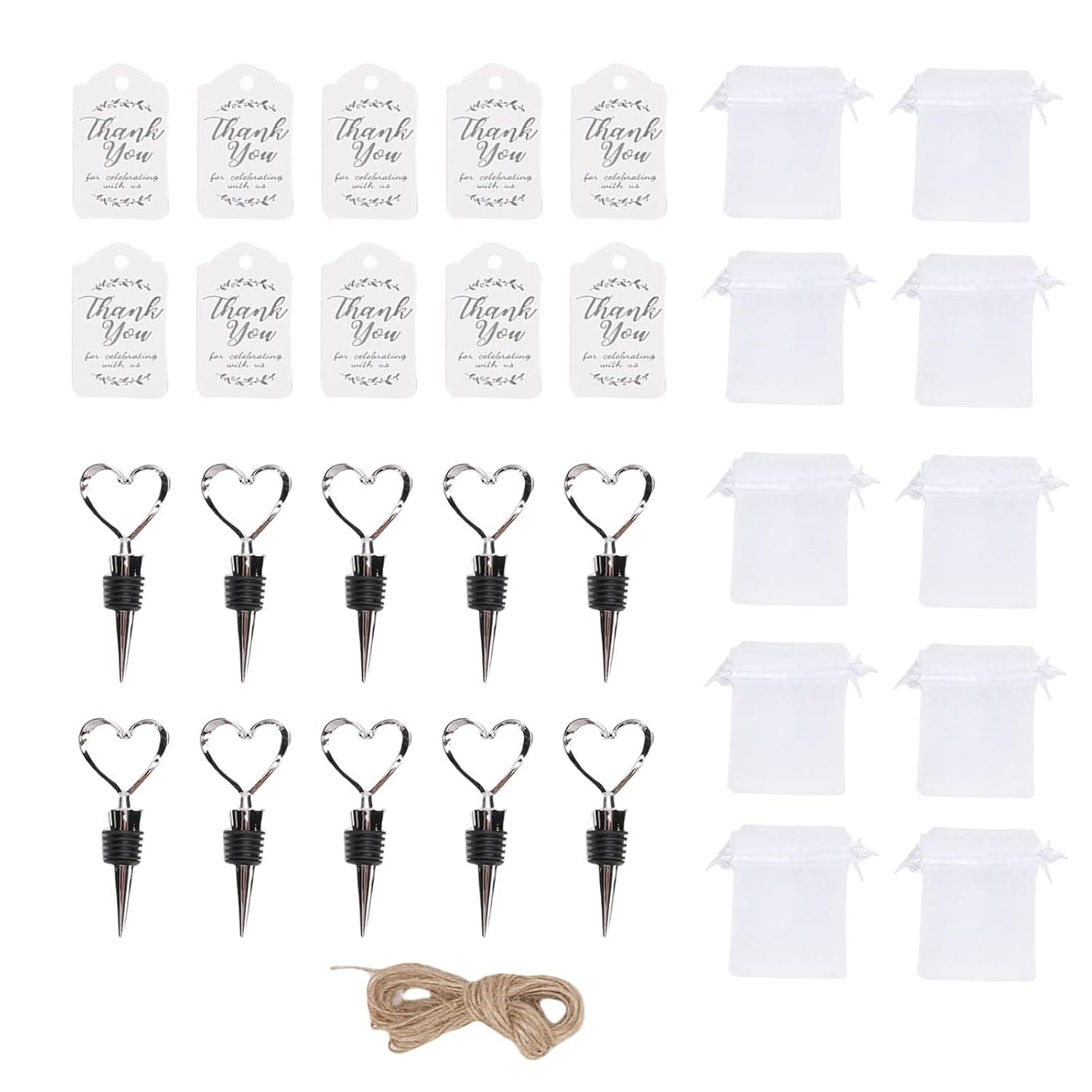 مجموعة سدادات النبيذ على شكل قلب مكونة من 10 قطع من نوينول، مناسبة للذكرى السنوية الرومانسية للزفاف مع حقائب بطاقات شكر وسدادات زجاجات مزخرفة