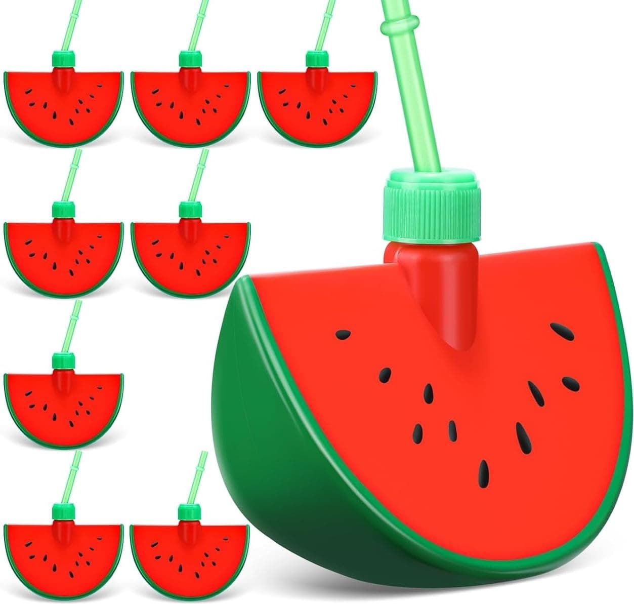 NALACAL 10-Piece Watermelon Cups with Straws and Lids (13.5oz), Reusable Plastic Fruit Sippy Cups for Summer, Hawaiian Beach, and Watermelon Birthday Parties – Kawaii Drink Bottles for Adults, Baby