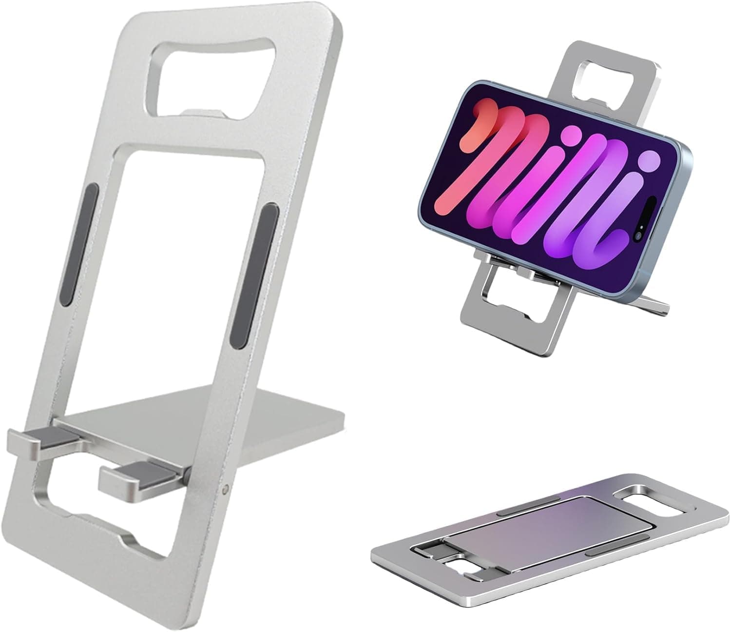 Portable Foldable Cell Phone Stand with Adjustable Aluminum Kickstand Holder for Desk, Travel, Video Calls, and Gaming, Lightweight Mobile Holders Compatible with All Smartphones (Silver)