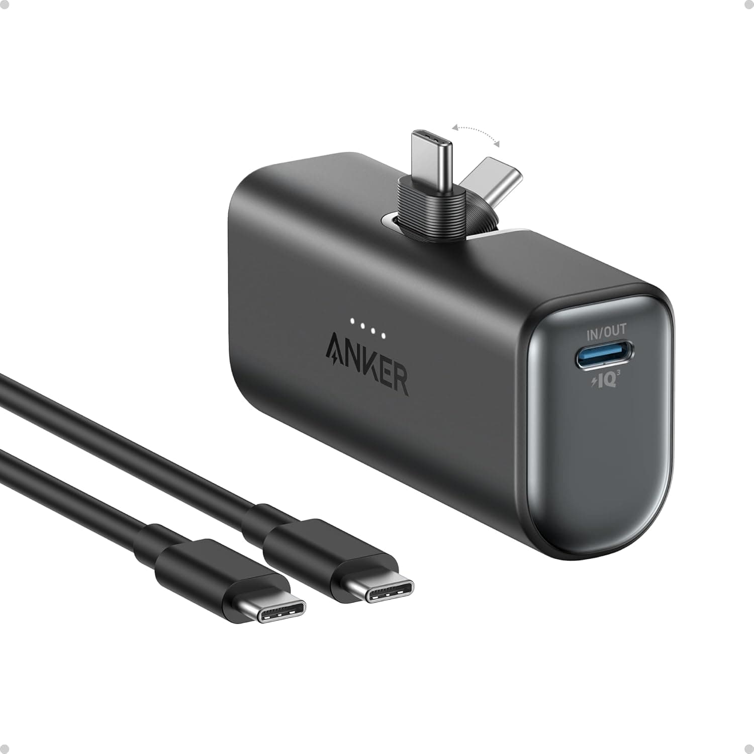Anker Nano Power Bank, Mini Portable Charger with Built-In Foldable USB-C Connector, 5,000mAh Battery Pack 22.5W, For iPhone 16/15 Series, Samsung, Huawei, iPad, AirPods, Xiaomi and More (Black)