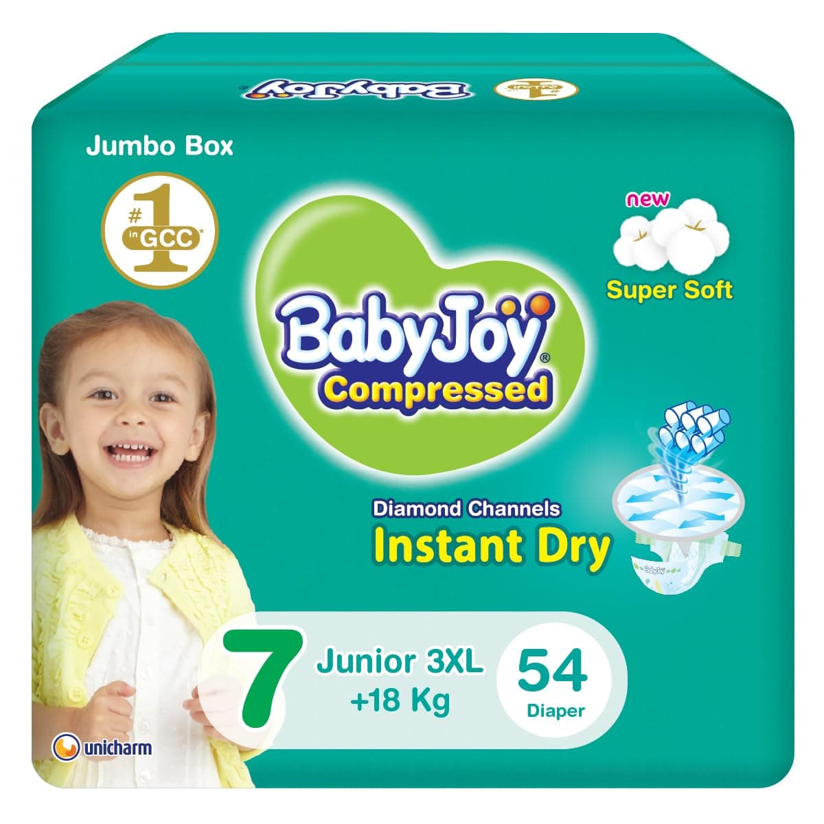 BabyJoy Compressed Diamond Pad Diaper, Size 7, Junior 3XL, 18+ Kg, Jumbo Box, 54 Diapers
