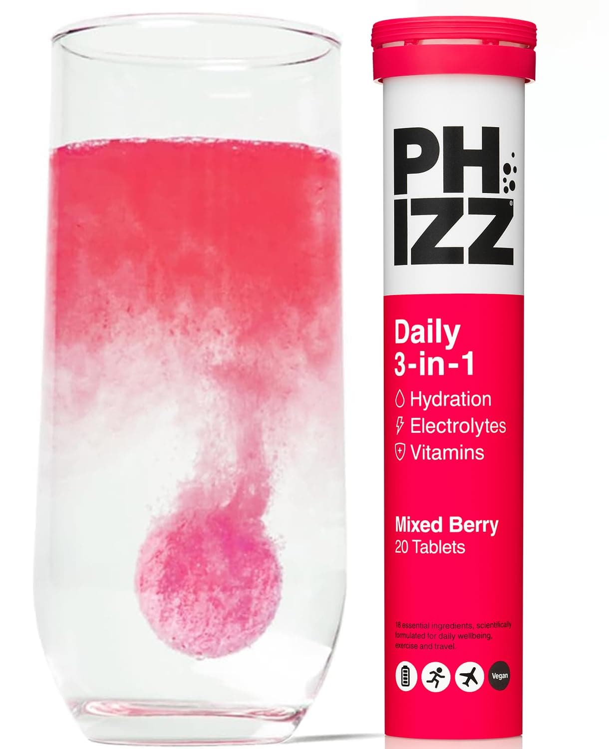Phizz Electrolytes, Multivitamin & Hydration Tablets - 20 Effervescent Rehydration Electrolyte Tablets - 18 Vitamins & Minerals, Vitamin C, Vegan, Vegetarian & Low Calorie (Mixed Berry)