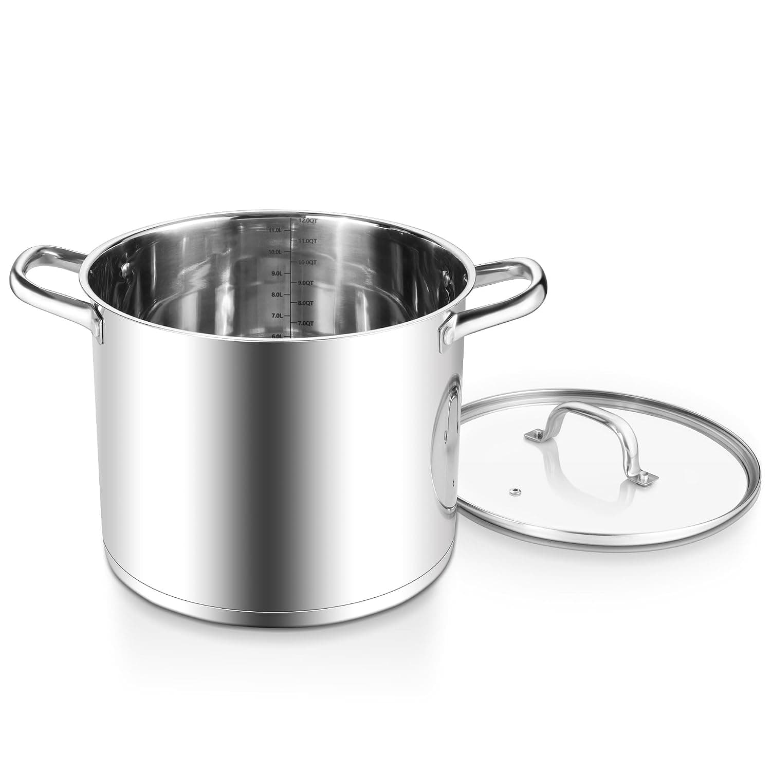 E-far 12 Quart Cooking Stock Pot, Large Stainless Steel Pot for Canning Simmering Stewing, Heavy Duty Cookware with Tri-ply Base for Induction Gas Stoves, Soup Pots with Glass Lid, Dishwasher Safe