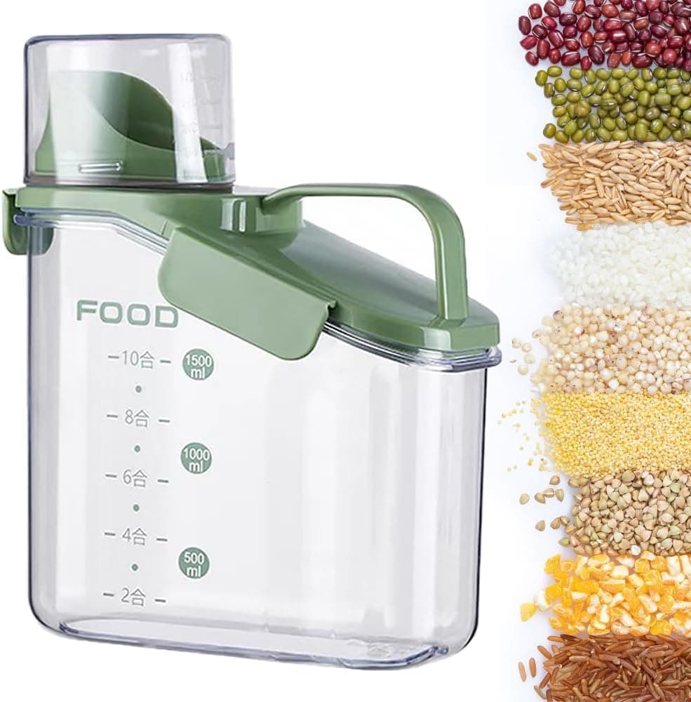 YelaJoy container storage tank, kitchen storage container, sealed food storage, sealed design measuring cup. With pouring port, suitable for oatmeal, grains, rice, flour (green, 1600ML)