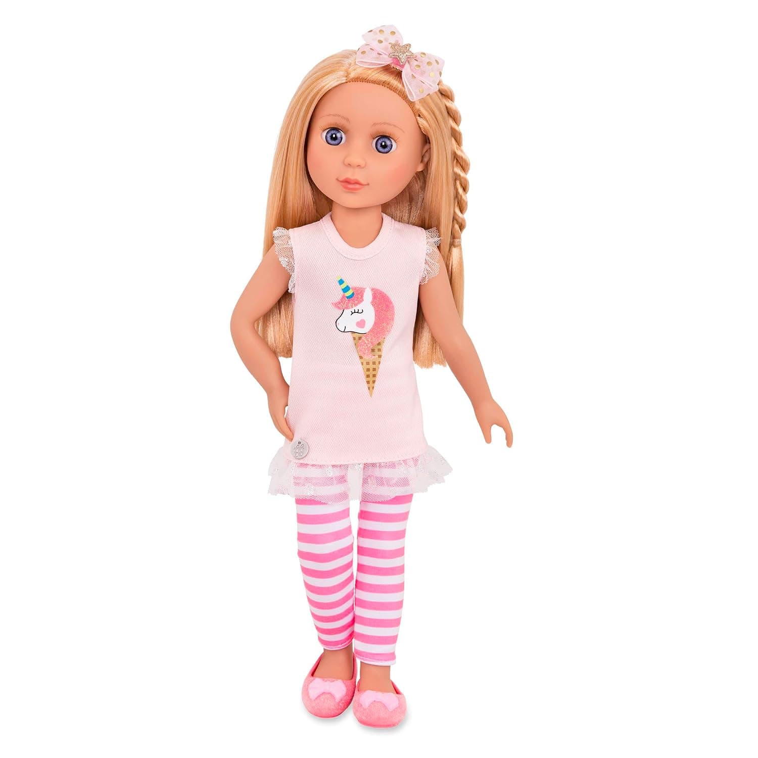 Glitter Girls – 14-Inch Fashion Doll – Blonde Hair & Purple Eyes – Poseable Arms & Legs – Unicorn Ice Cream Outfit – 3 Years + – Lacy | Posable doll with bright purple eyes, tunic, striped leggings, hair bow and glitter shoes; compatible with most 14-inch dolls