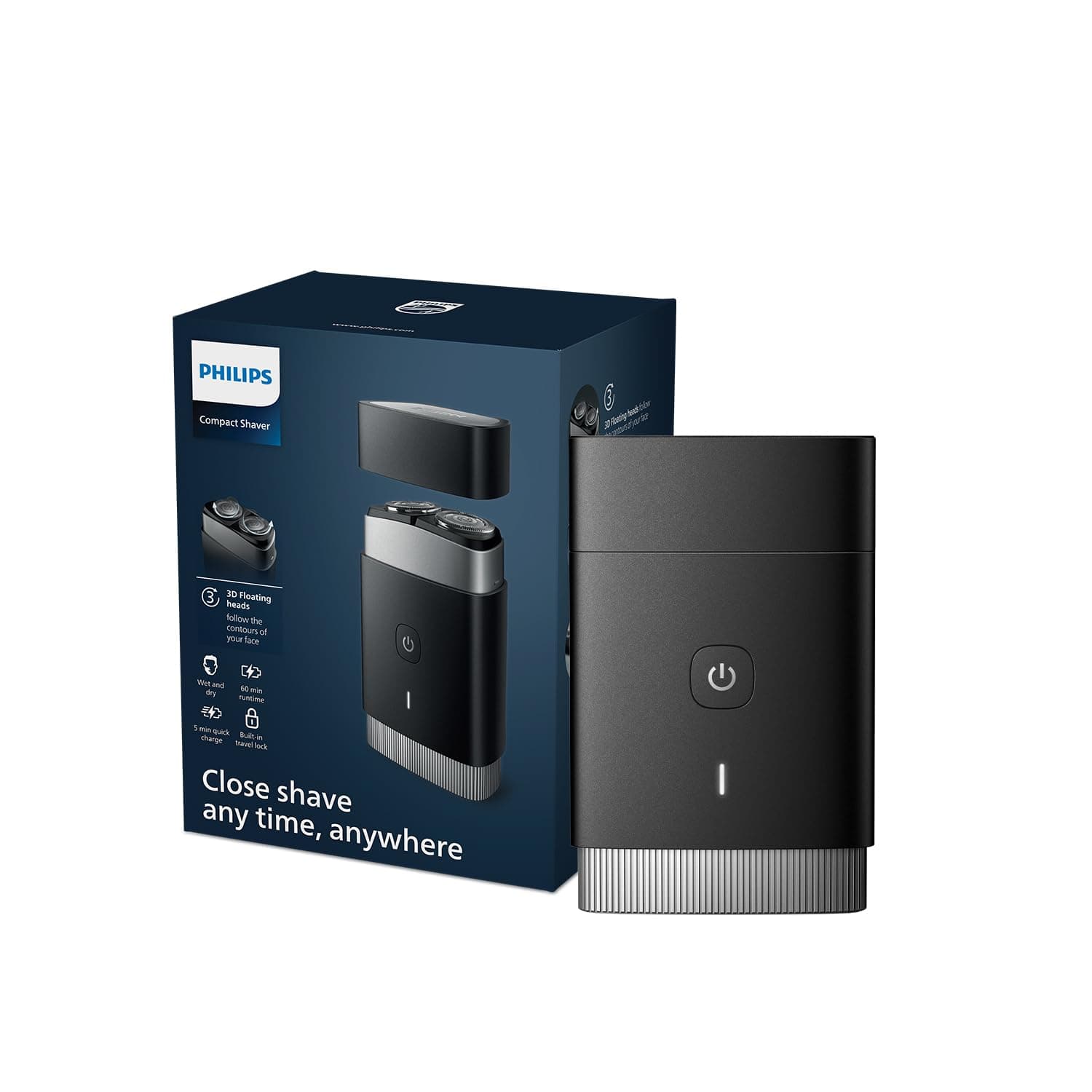 Philips Travel Shaver, On-The-Go Wet and Dry Electric Shaver, Cleanshave, 3D Floating Heads, Waterproof | Fast charging | Leather Travel case | PQ888/06