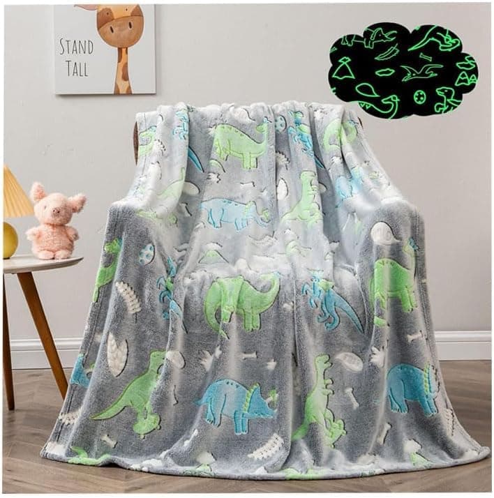 Luminous Kids Blanket, Dinosaurs Blanket, Glow in the Dark Throw Blanket, Soft Plush Flannel Fleece Blanket, Cuddly Children's Blanket for Kids, Toddler, Bed, 150 x 200 cm (Green Dinosaur)