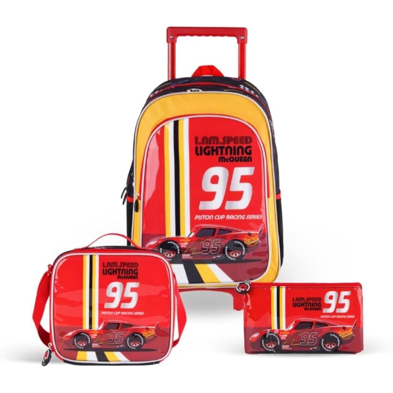 BRIGHT HOME 3-in-1 Disney Cars Lightning McQueen Backpack Set – Large Capacity Trolley School Bag with Lunch Bag & Pencil Case Water Resistant for Kids Ages 3-8