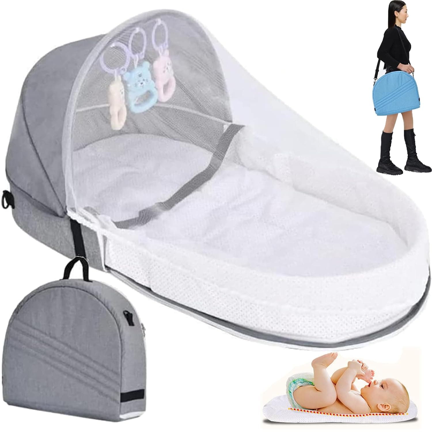 Baby Travel Cot with Mosquito Net and Awning, Foldable Baby Tent, Washable Crib Bionic Travel Bed Breathable Cradle Cot, Portable Baby Cots, Foldable Baby Cots with Mosquito Net (Grey)