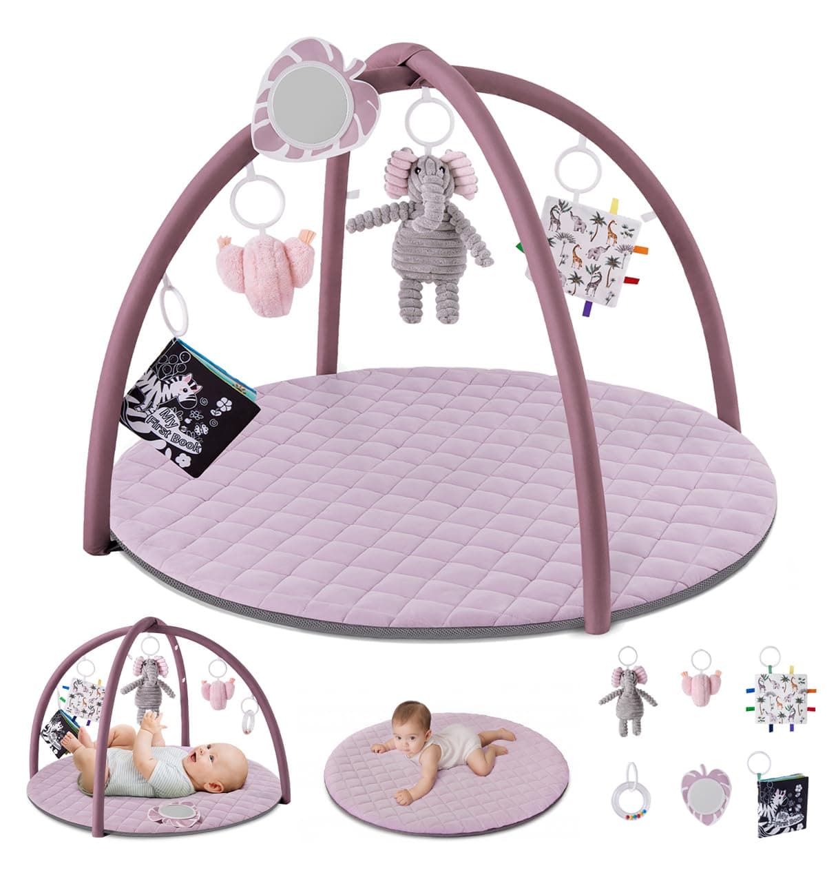 Blissful Diary Baby Play Gym Mat, Tummy Time Activity Mat with 6 Detachable Toys for Stage-Based Sensory & Motor Skill Development, Easy to Install & Clean, Baby Essentials Gift, Lavender Pink