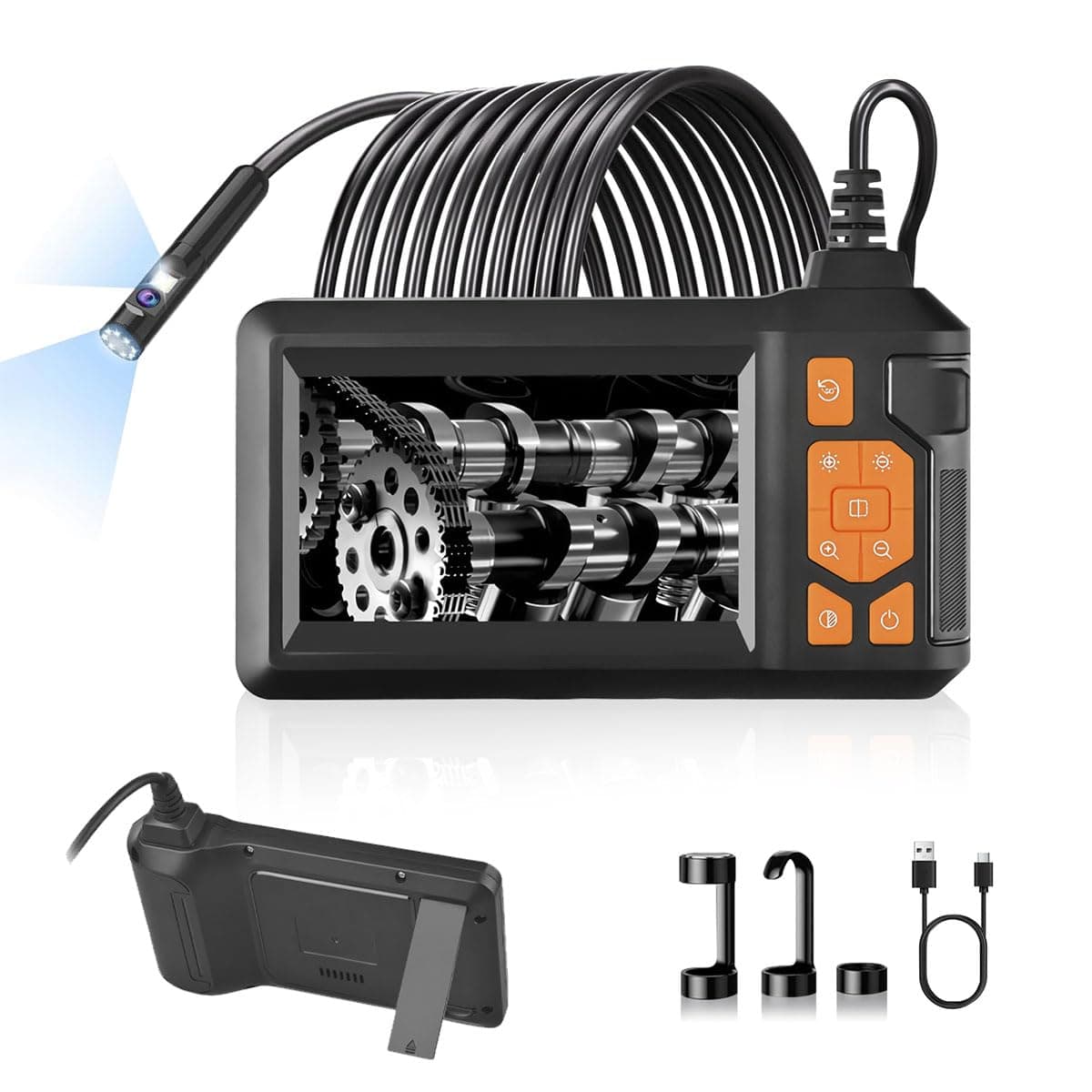 Endoscope Camera Industrial Borescope Camera Dual Lens Automotive Inspection Cameras with LED Lights 5M Semi-Rigid Cable 4.3 inch Display, IP67 Waterproof 1080P HD Digital Snake Cameras for Sewer