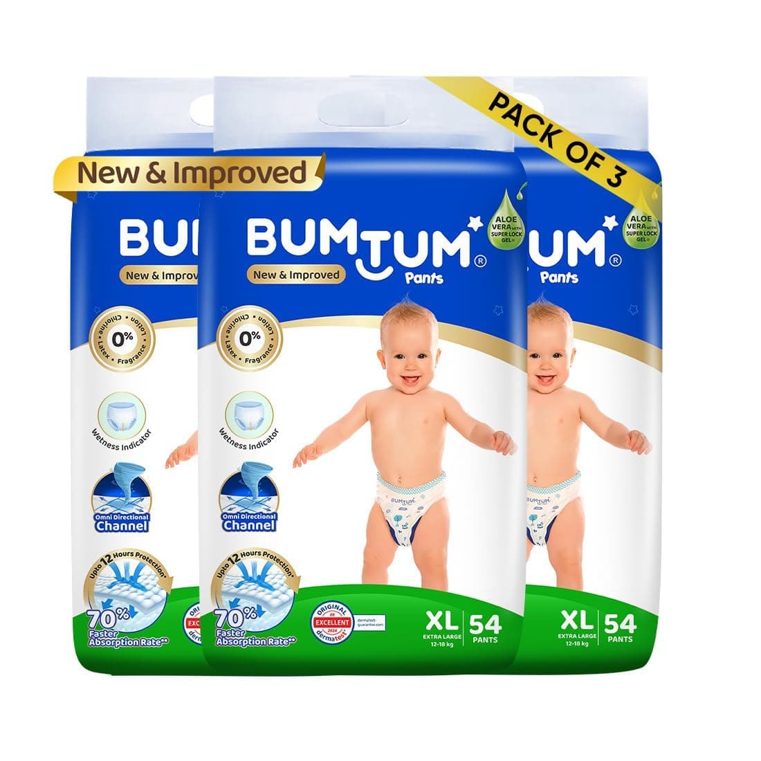 Bumtum Baby Diaper Pants, XL (Size 5), 12-18 kg, Double Layer Leakage Protection Infused With Aloe Vera, Cottony Soft High Absorb Technology, 162 Diaper