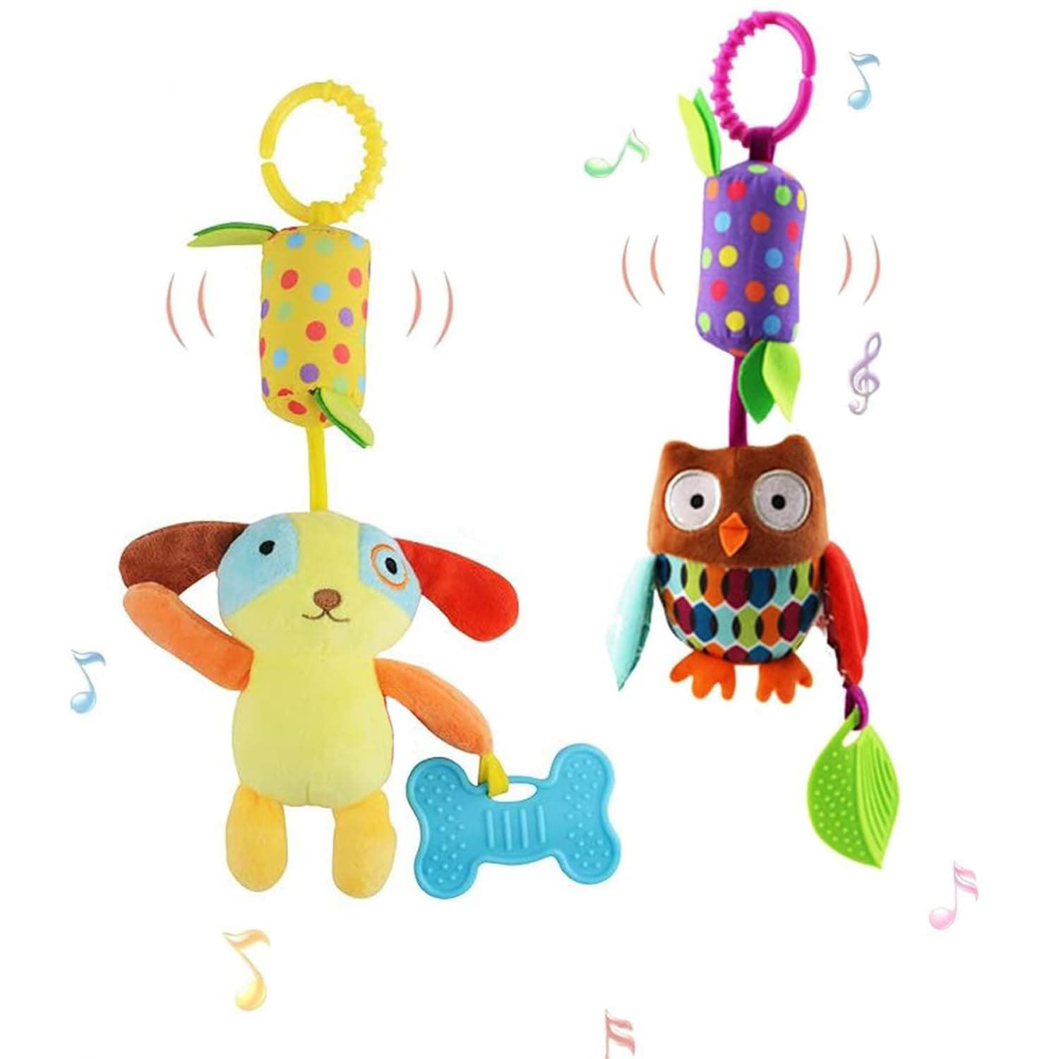 Soofam Baby Soft Hanging Rattle,Car Seat Stroller Toy,Soft Hanging Crinkle Squeaky Sensory Learning Toy Infant Newborn Stroller Crib Travel Activity Plush Animal Wind Chime with Teether for Boys Girls