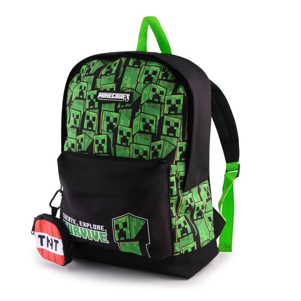 Minecraft Boys Backpack with Attached Coin Holder – Kids School Bag with Creeper Design, Front Pocket & Mesh Side Holder – Rucksack for School & Travel
