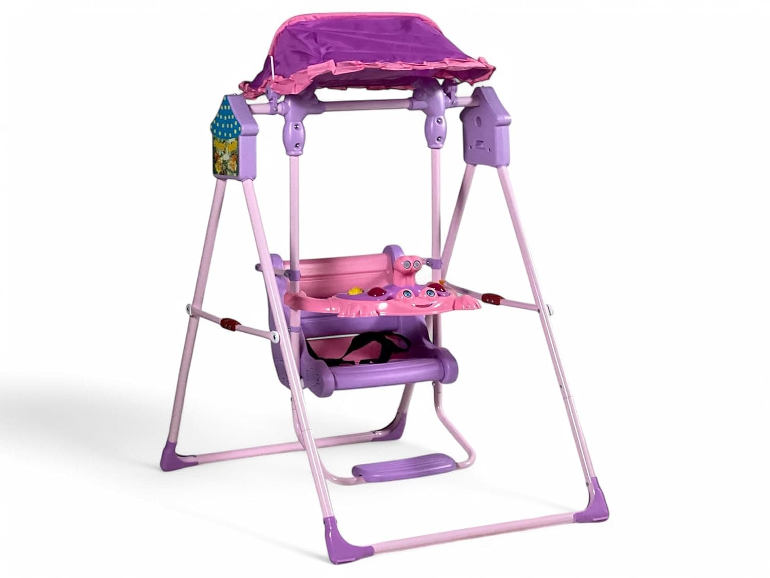 ALBADER Foldable Kids Swing with Canopy and Toys, Frog-Themed Baby Swing with Safety Belt, Outdoor and Indoor Toddler Swing Chair, Adjustable Shade, Fun Play Table, for Boys and Girls (Pink)