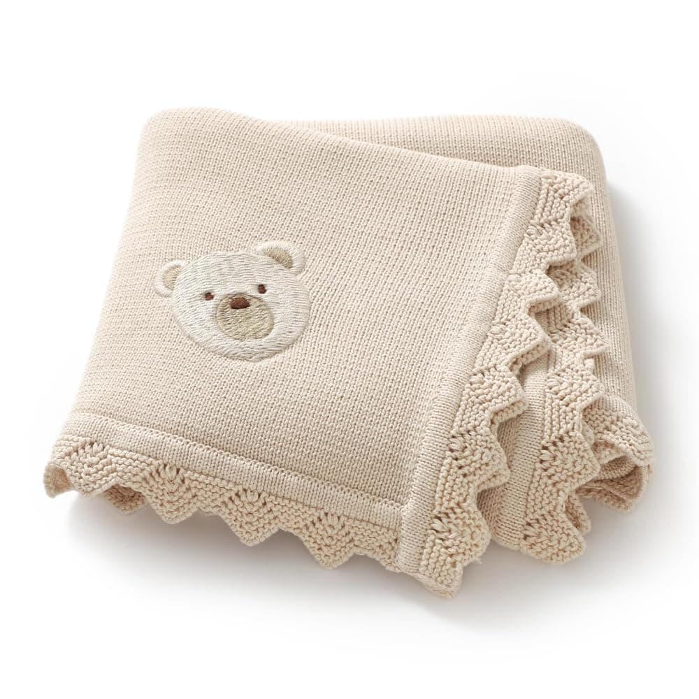 Cotton Cellular Baby Blanket, AZONEE Soft Knitted Blanket for Newborn Baby Boy and Girl with Lovely Embroidery Bear, Breathable and Durable