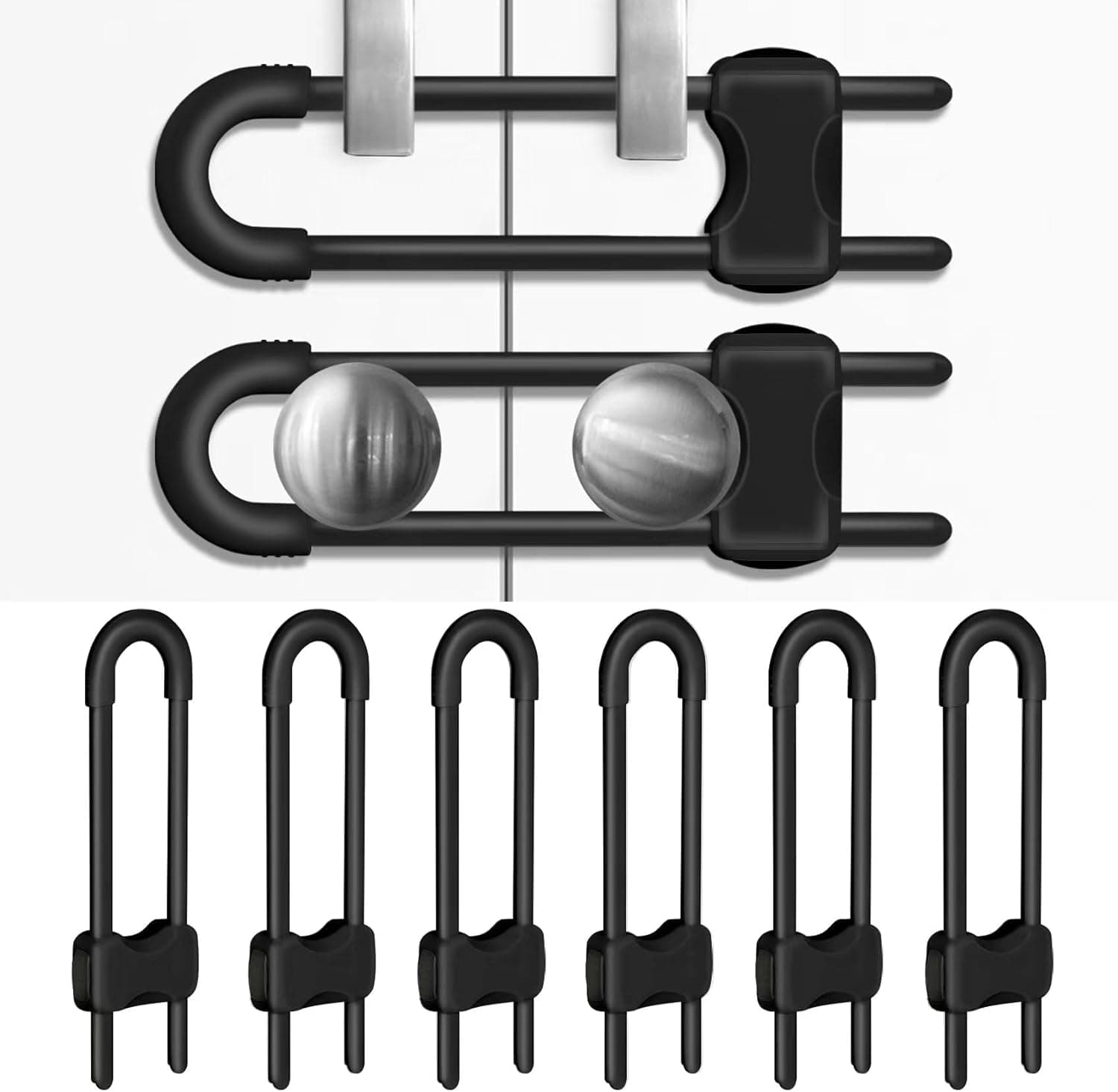 6 Pieces Cabinet Locks for Babies, U-Shaped Proofing Drawers Safety Child Locks Adjustable, Easy to Use Childproof Latch for Knob Handle on Kitchen Door Storage Cupboard Closet (Black)